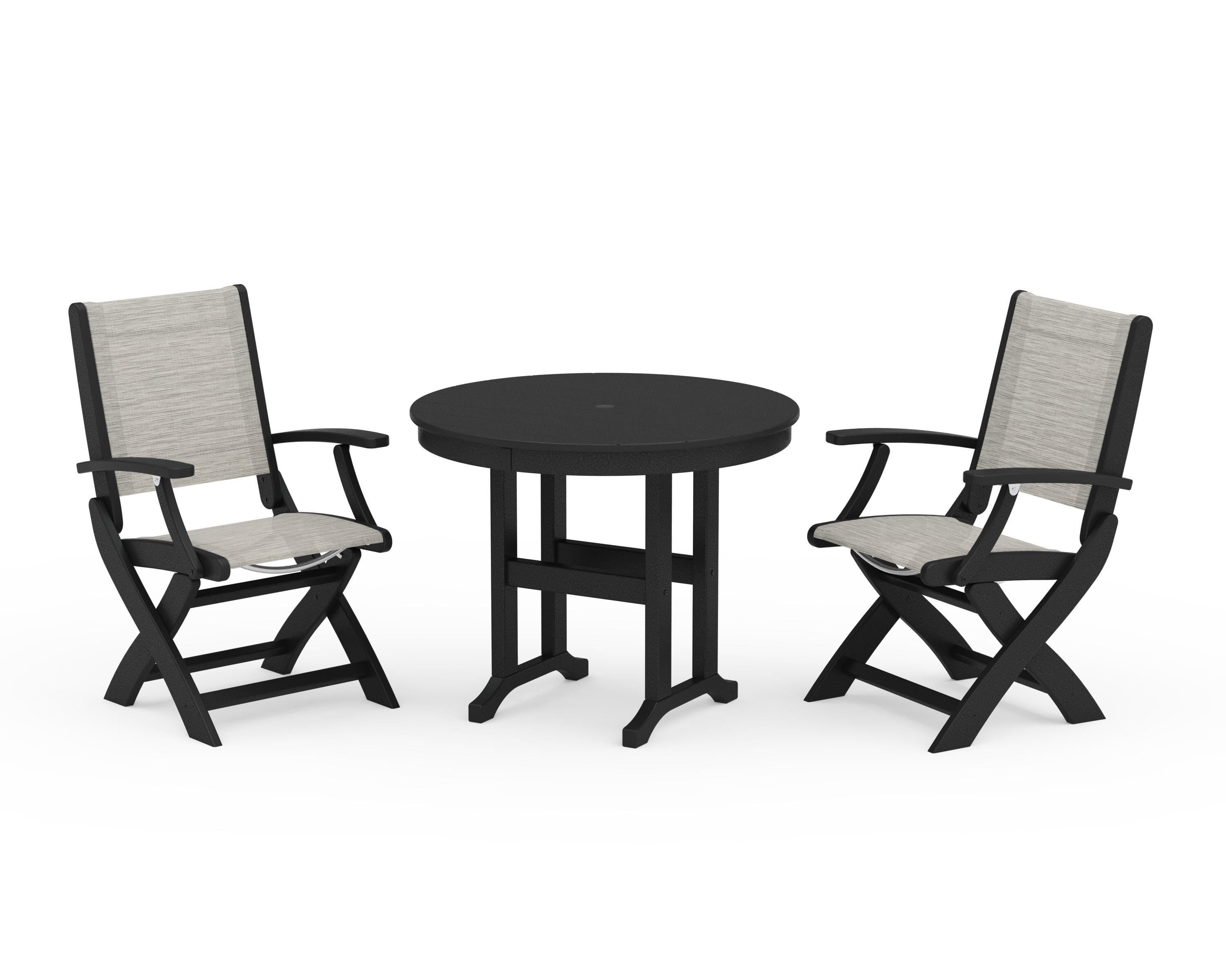POLYWOOD Coastal Folding Chair 3-Piece Round Dining Set in Black / Birch Sling