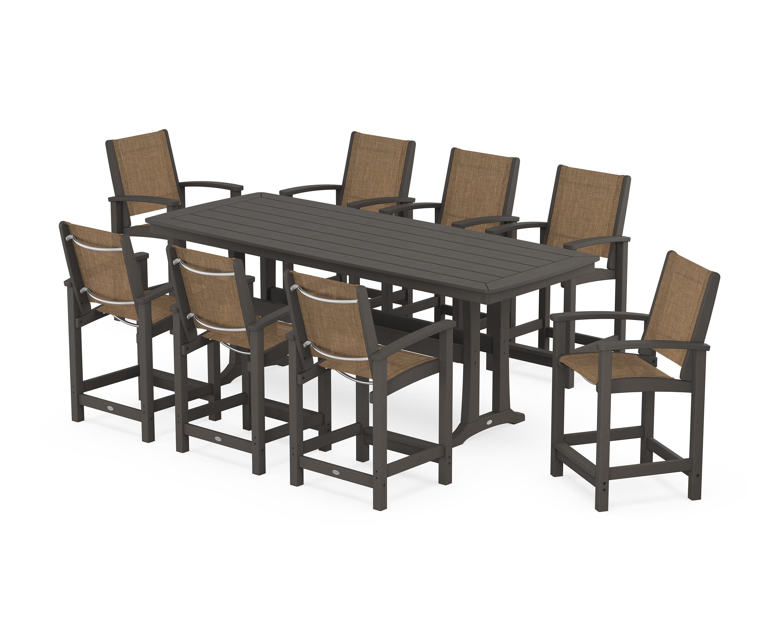 POLYWOOD Coastal 9-Piece Counter Set with Trestle Legs in Vintage Coffee / Burlap Sling