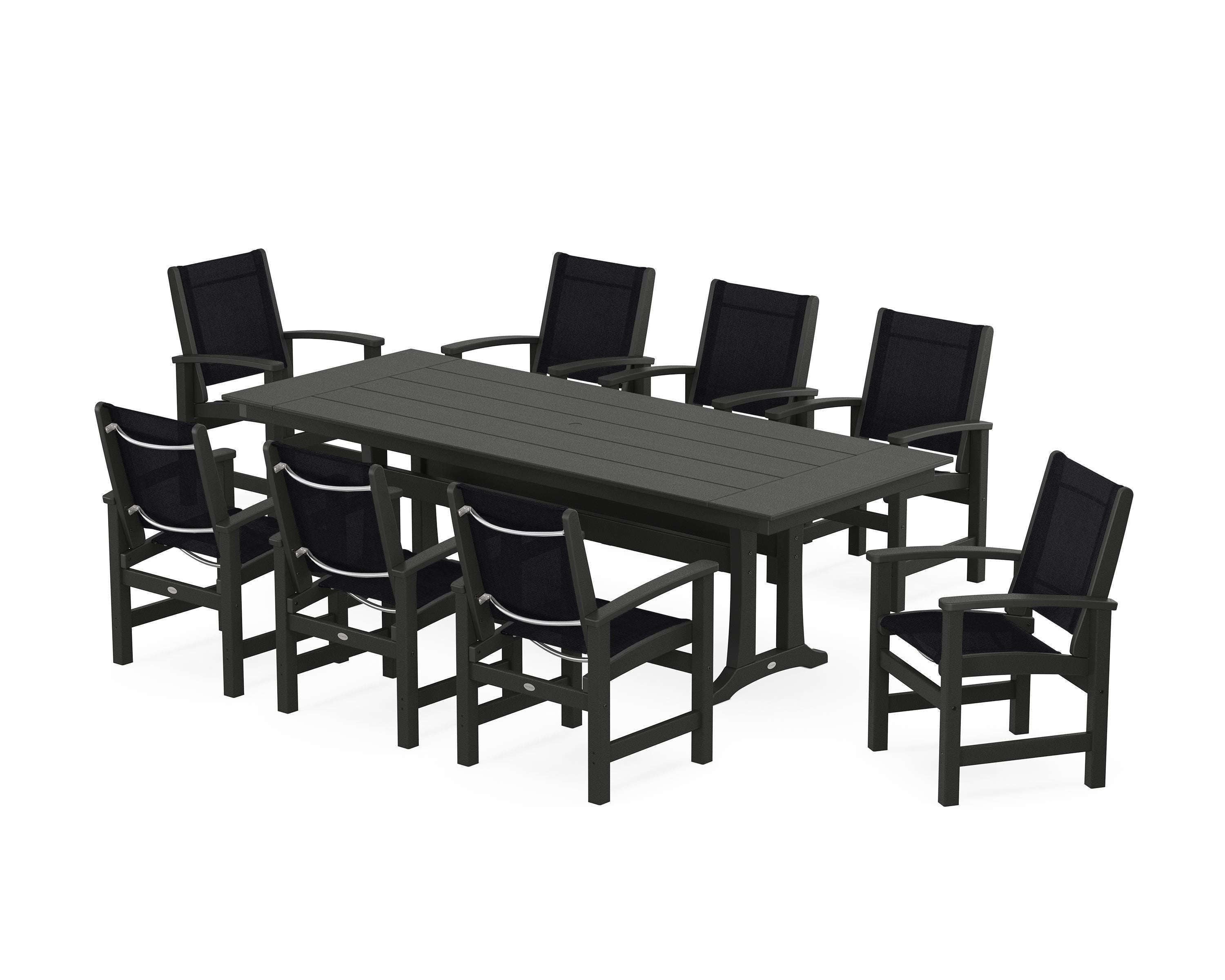 POLYWOOD Coastal 9-Piece Farmhouse Dining Set with Trestle Legs in Black / Black Sling