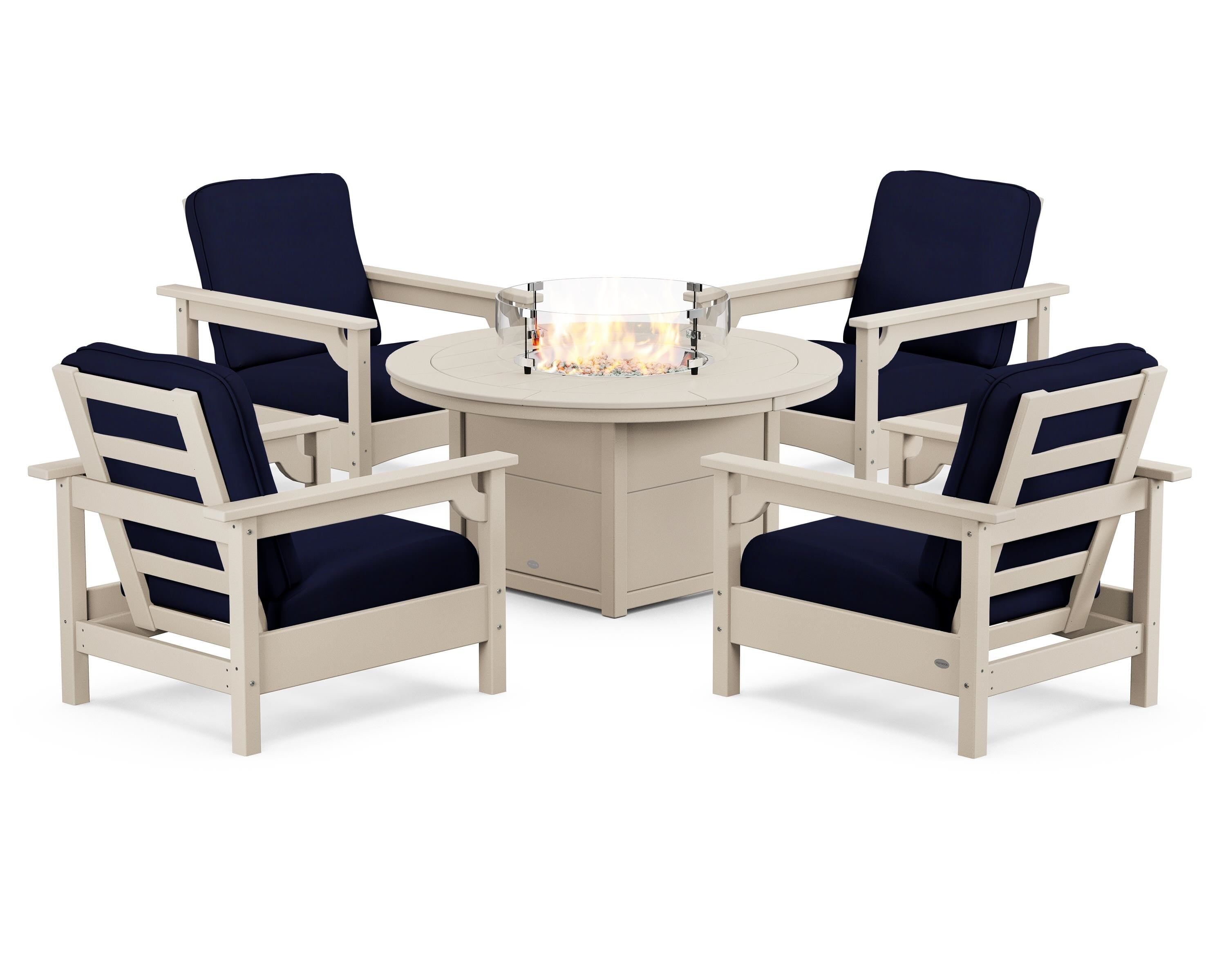POLYWOOD Club 5-Piece Conversation Set with Fire Pit Table in Sand / Navy