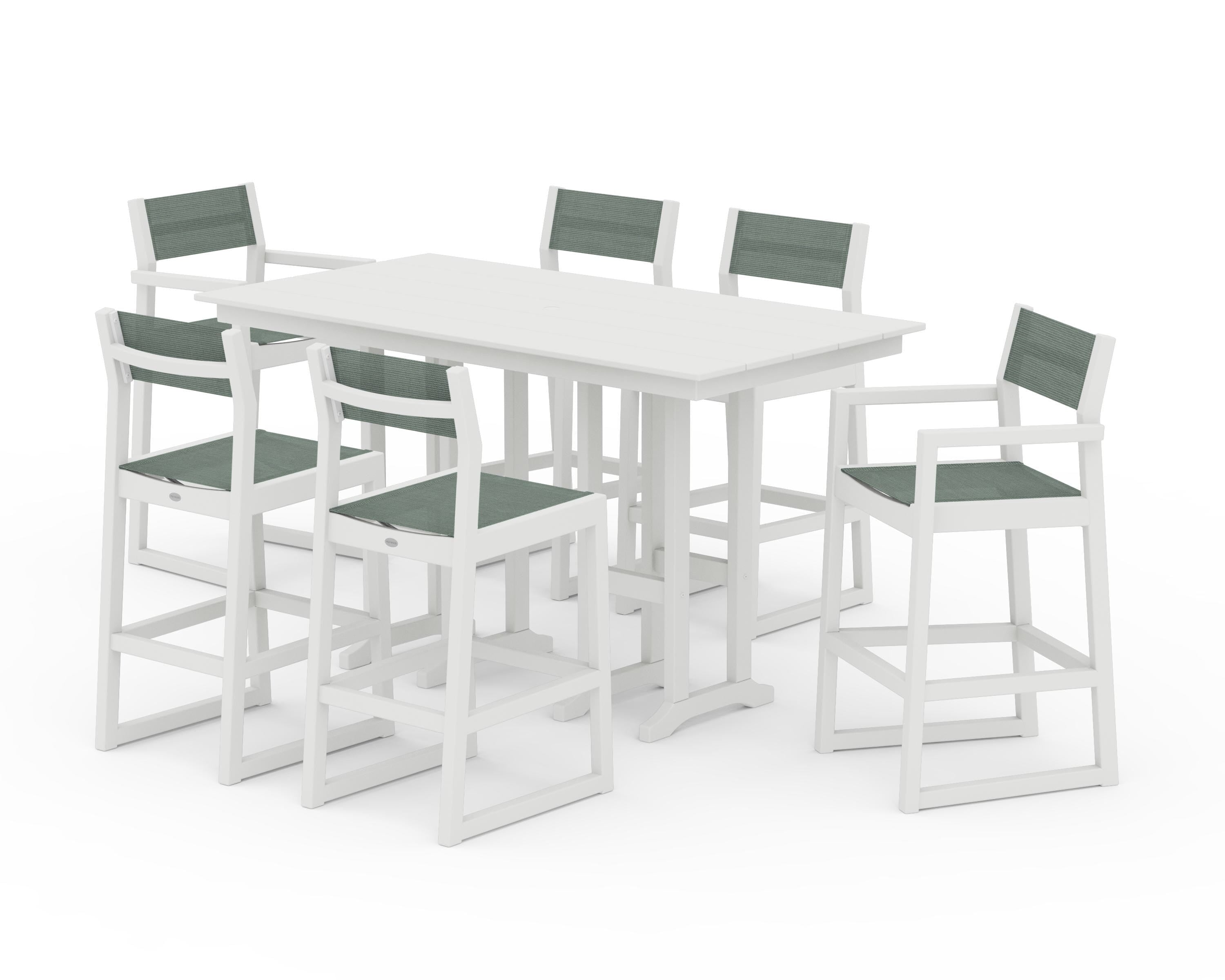 POLYWOOD EDGE Sling 7-Piece Farmhouse Bar Set in White / Dupioni Sea Mist Sling