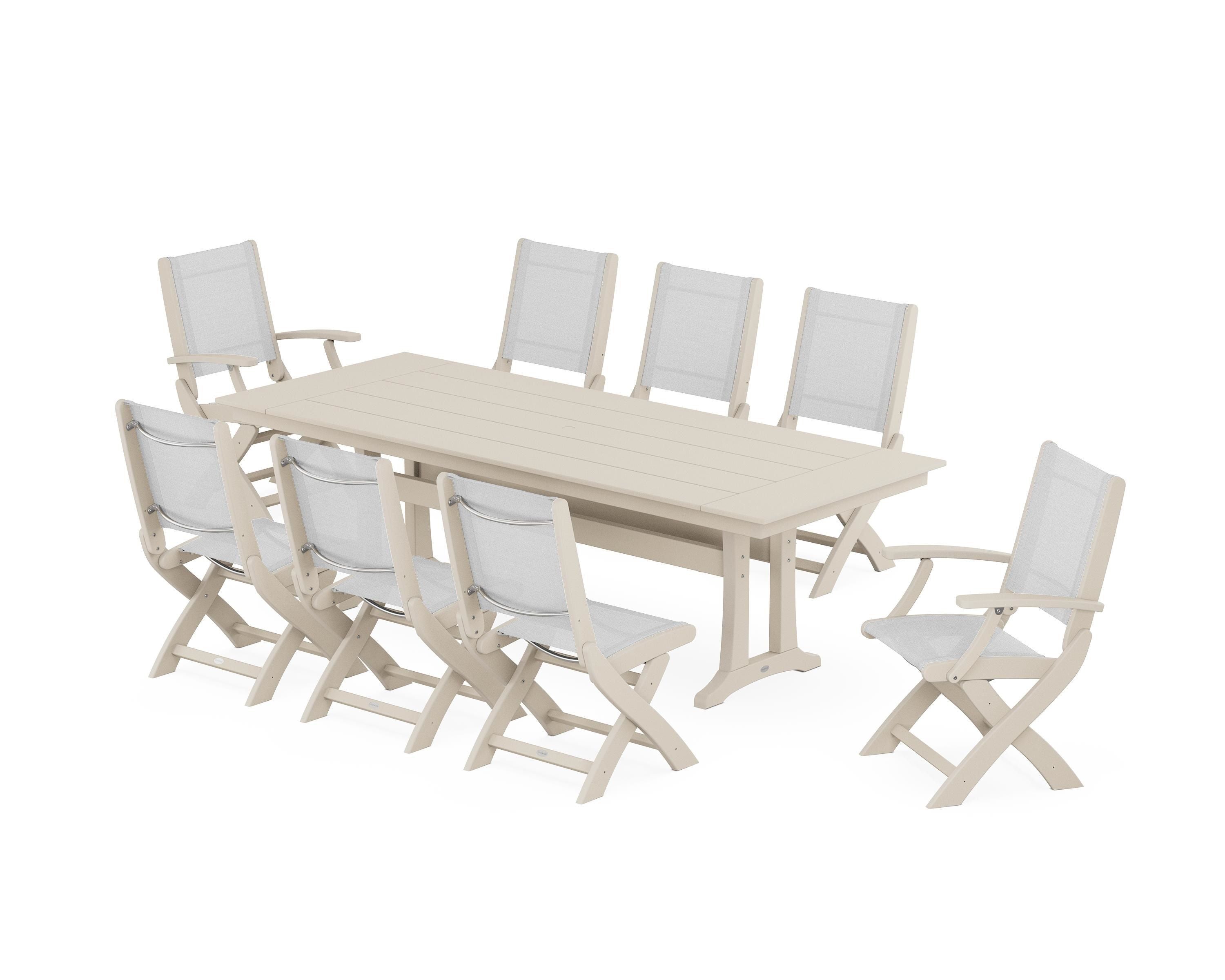 POLYWOOD Coastal 9-Piece Folding Dining Chair Farmhouse Dining Set with Trestle Legs in Sand / White Sling