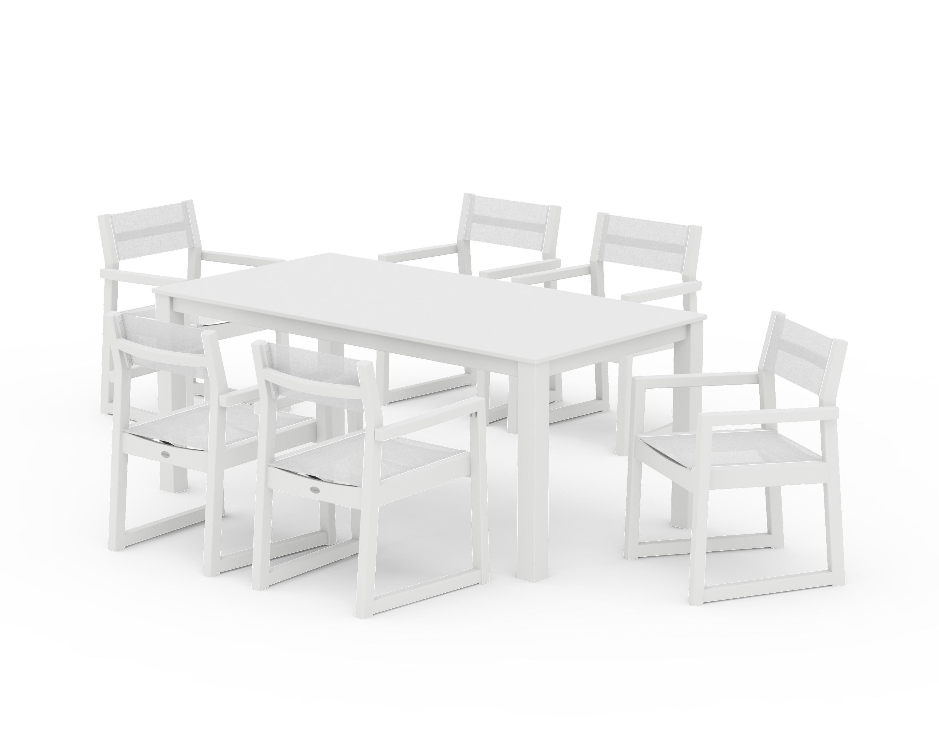 POLYWOOD EDGE Sling Arm Chair 7-Piece Parsons Dining Set in White / White Sling