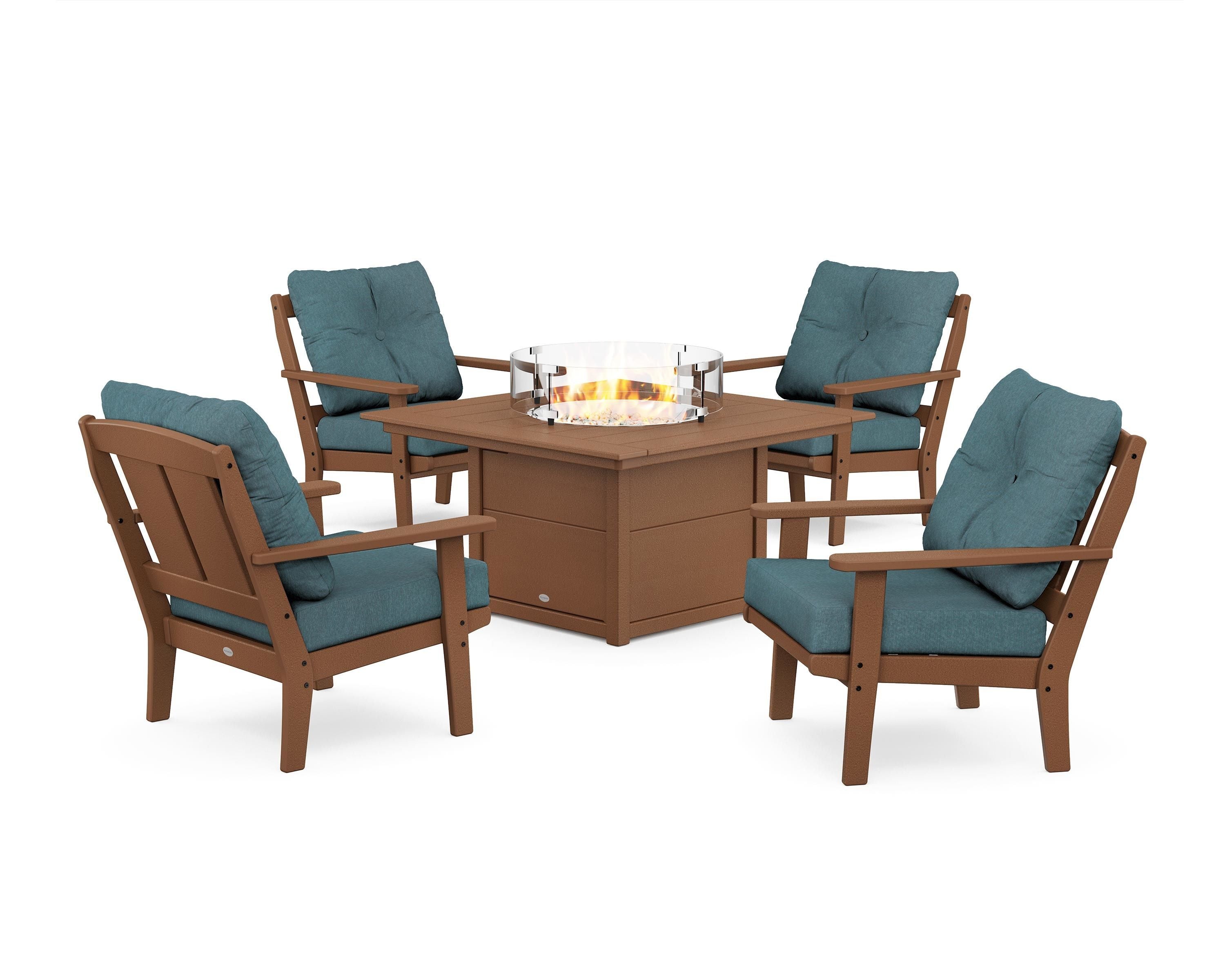 POLYWOOD Mission 5-Piece Deep Seating Set with Fire Pit Table in Teak / Ocean Teal