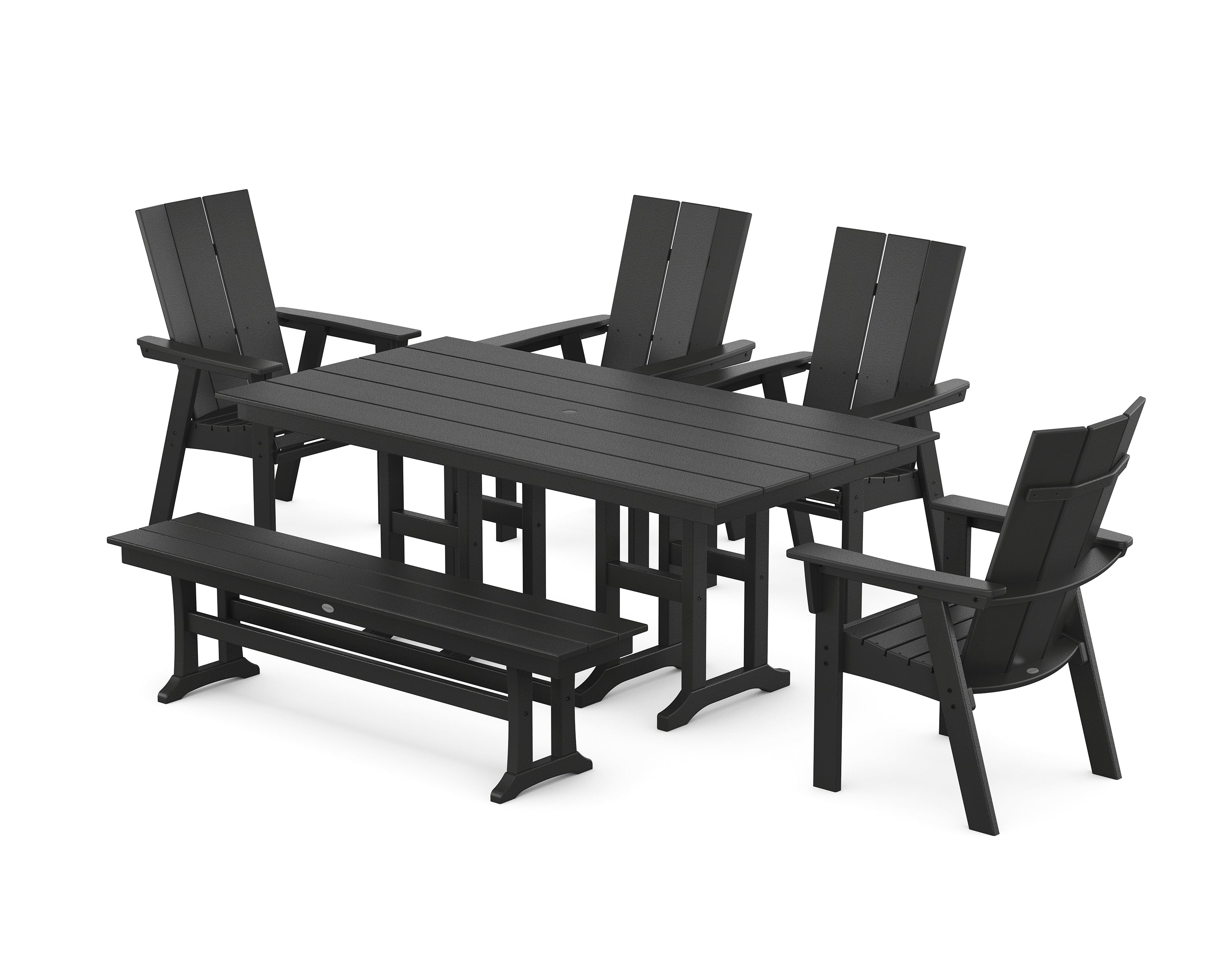 POLYWOOD Modern Curveback Adirondack 6-Piece Farmhouse Dining Set with Bench in Black