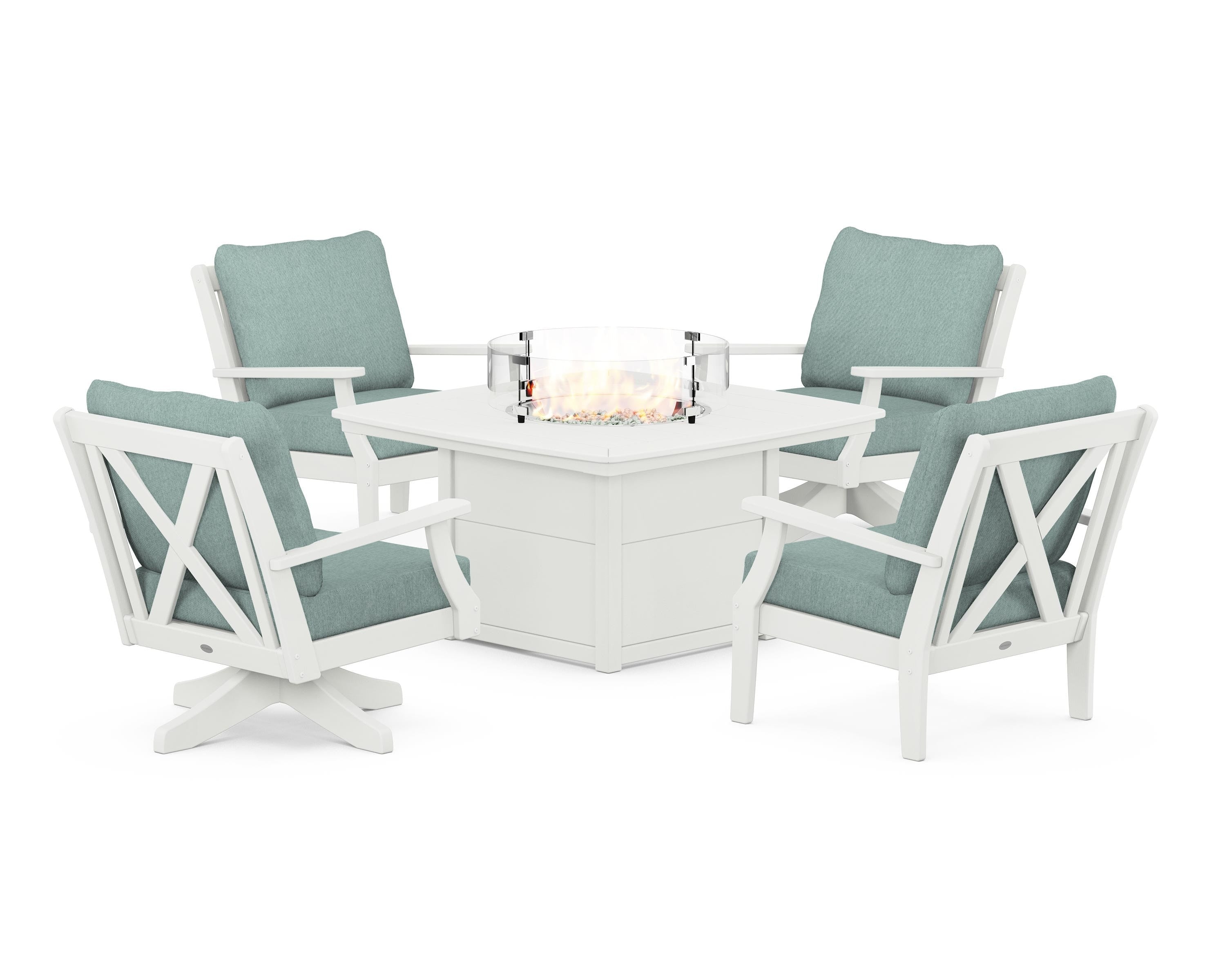 POLYWOOD Braxton 5-Piece Deep Seating Set with Fire Table in Vintage White / Glacier Spa