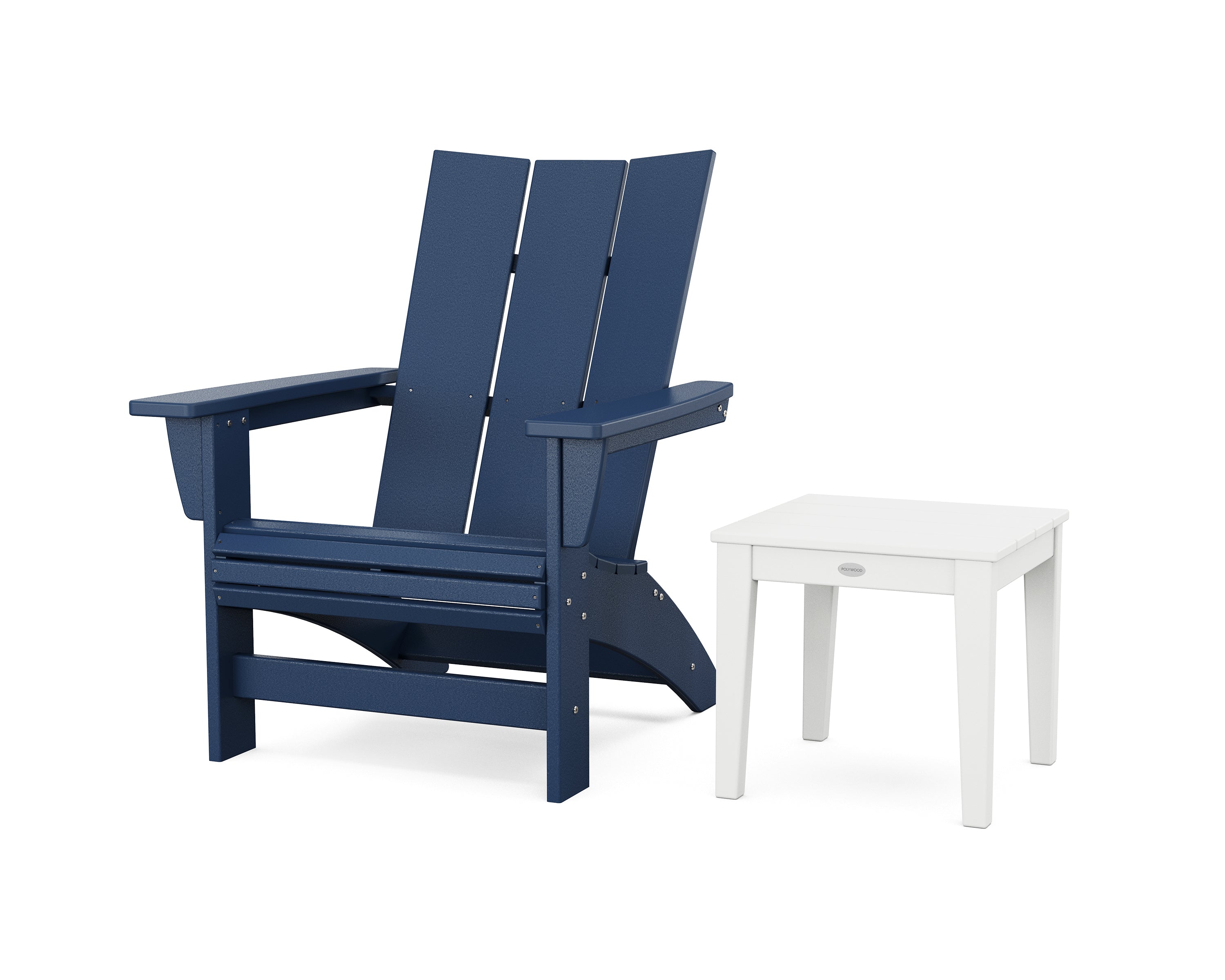 POLYWOOD® Modern Grand Adirondack Chair with Side Table in Navy / White