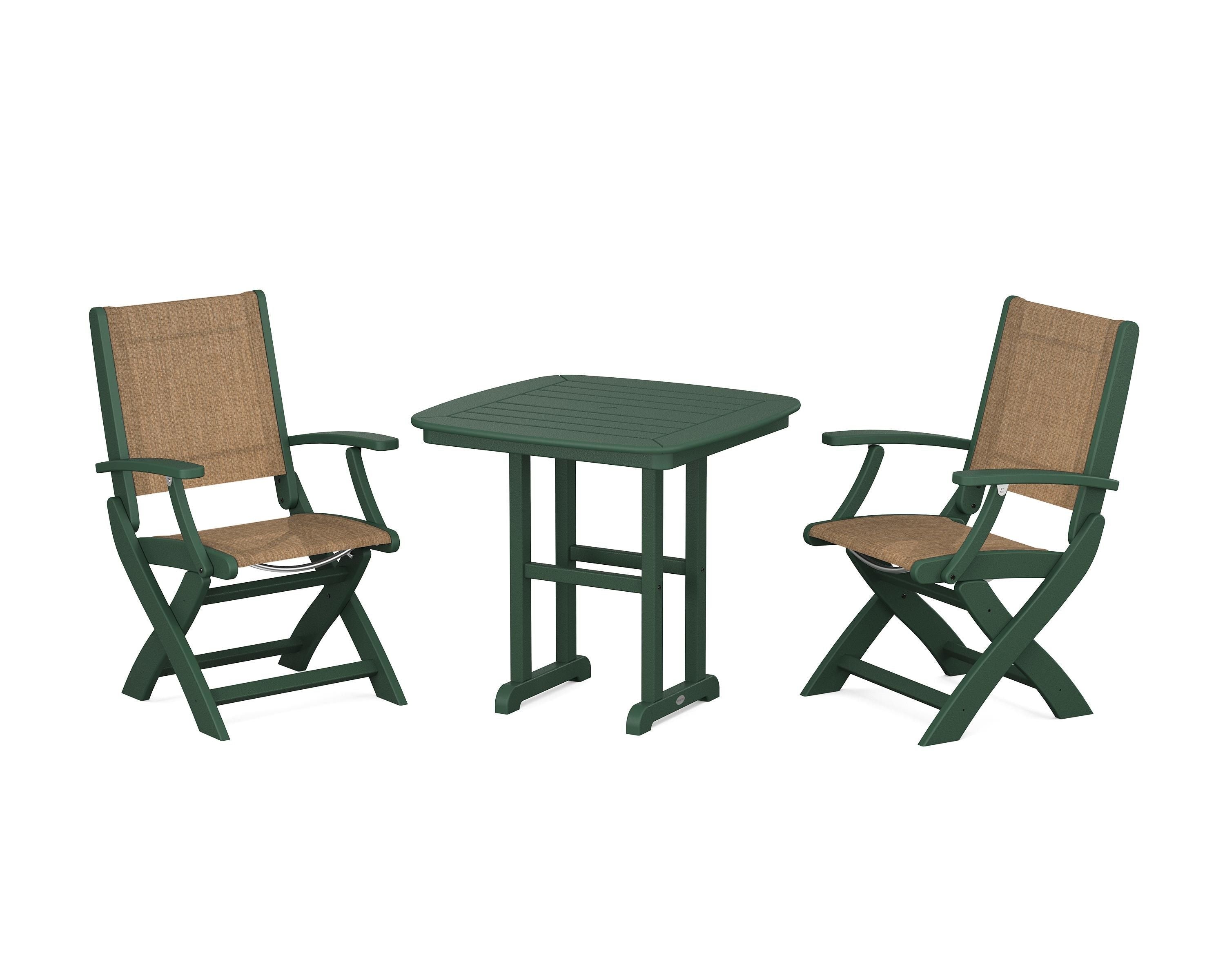 POLYWOOD Coastal Folding Chair 3-Piece Dining Set in Green / Burlap Sling