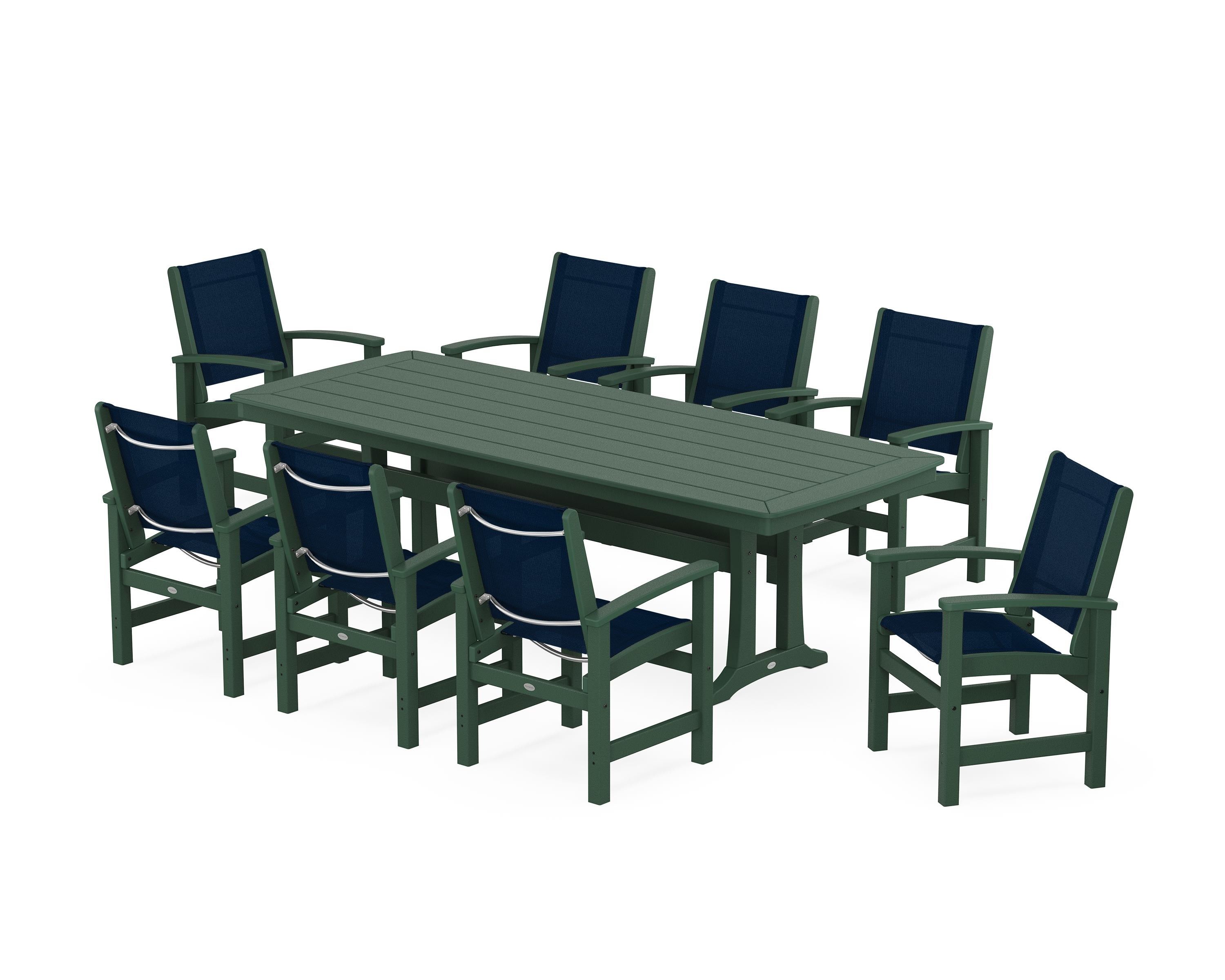 POLYWOOD Coastal 9-Piece Dining Set with Trestle Legs in Green / Navy Blue Sling
