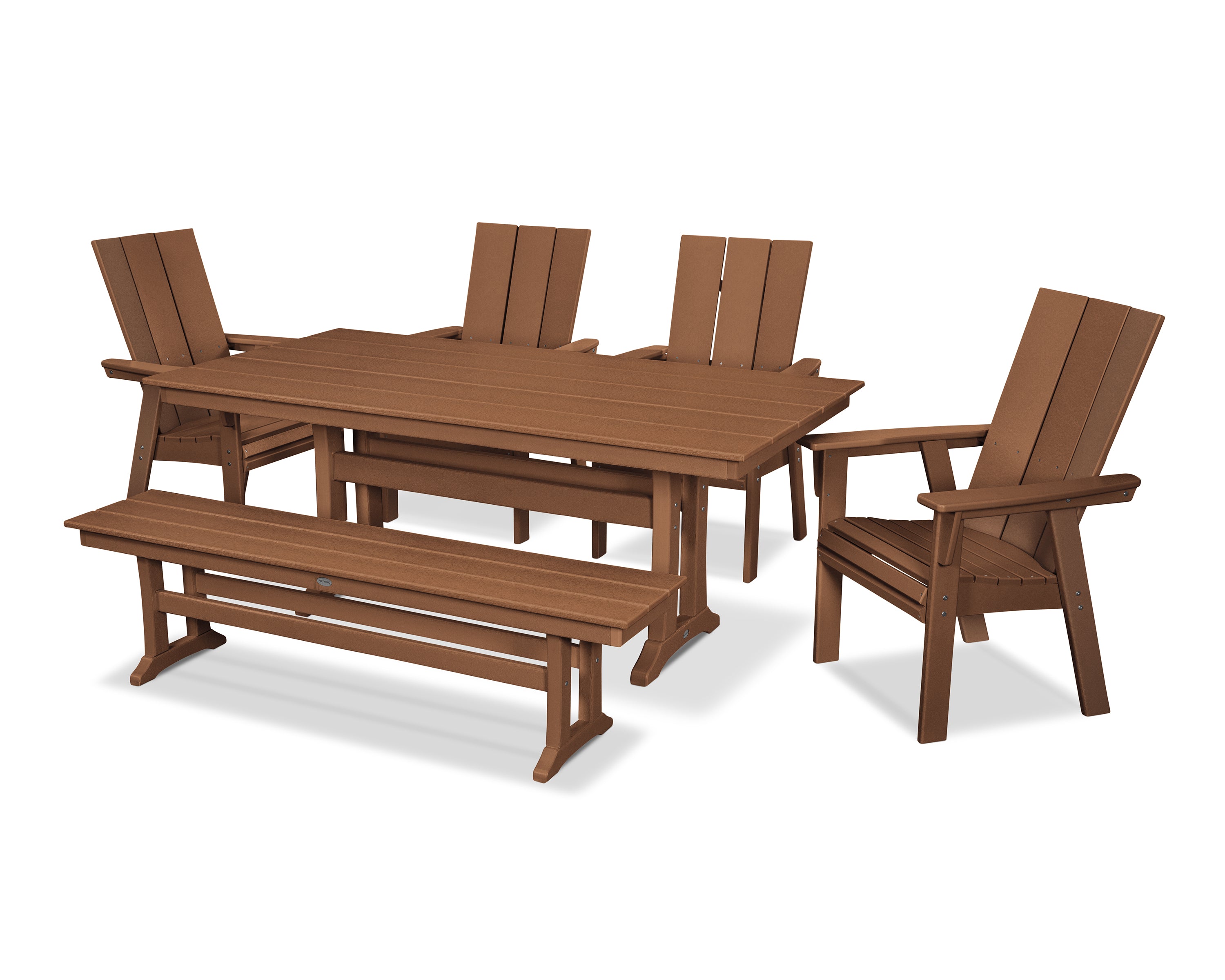 POLYWOOD® Modern Curveback Adirondack 6-Piece Farmhouse Dining Set with Trestle Legs and Bench in Teak