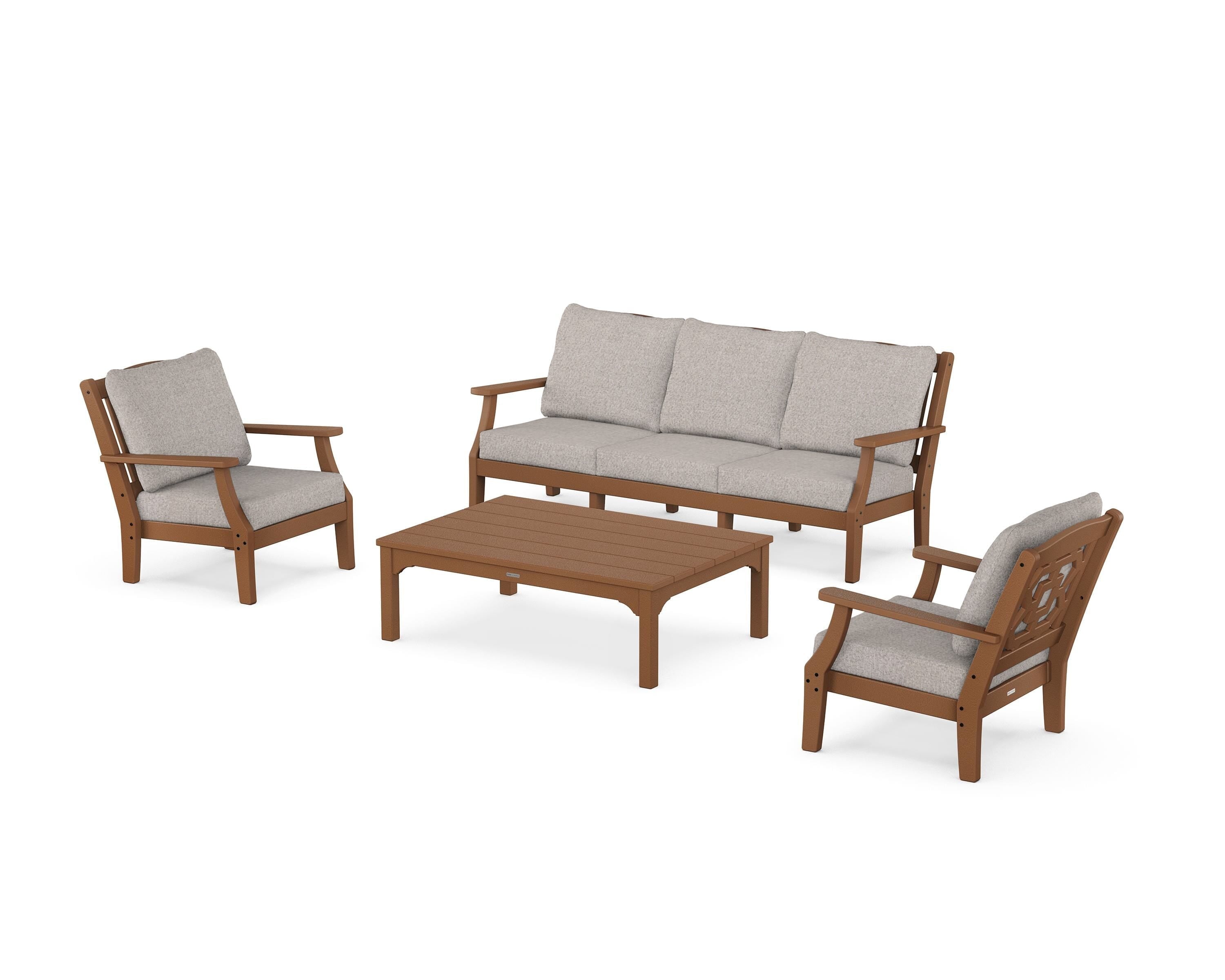 Martha Stewart by POLYWOOD Chinoiserie 4-Piece Deep Seating Set with Sofa in Teak / Weathered Tweed