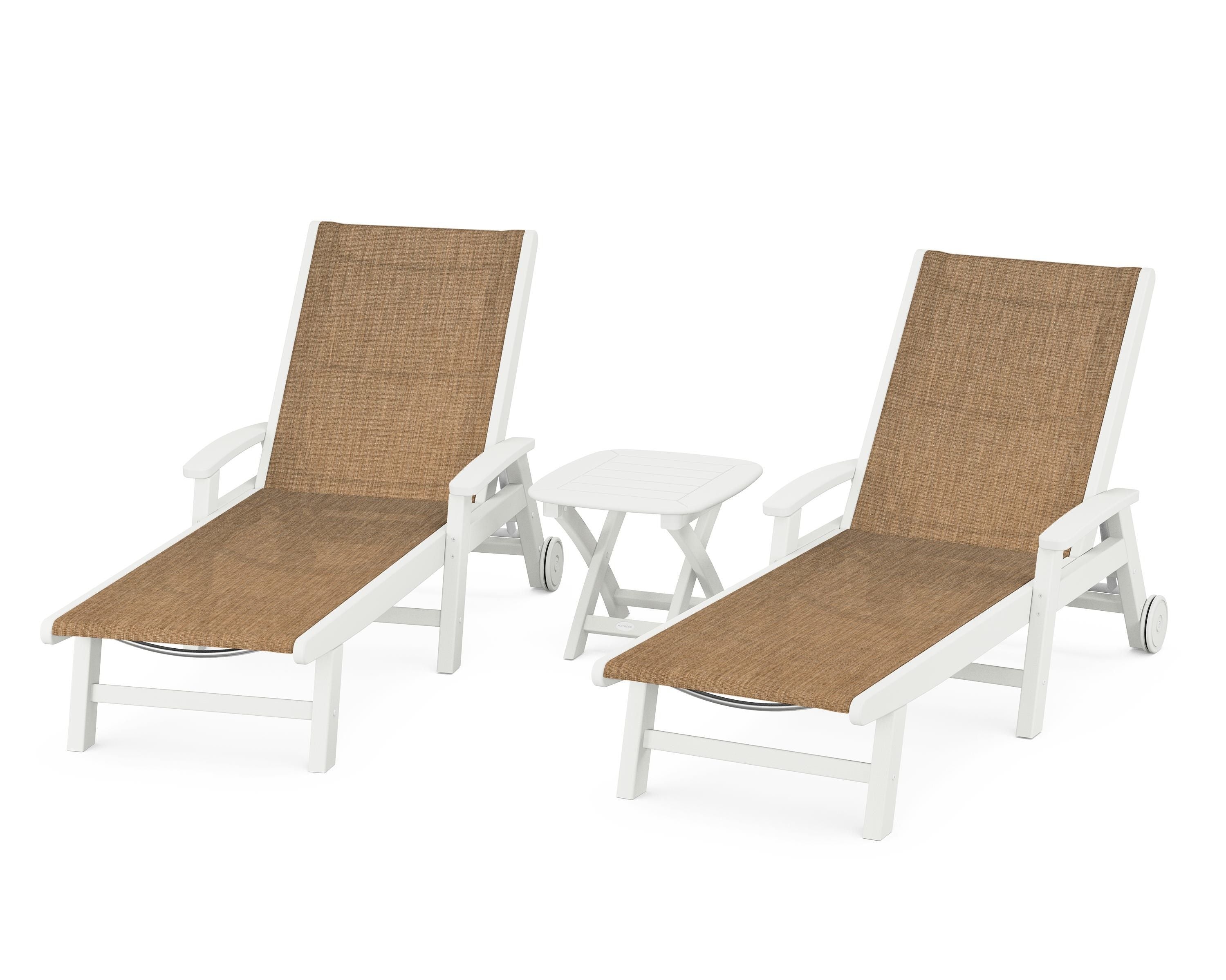 POLYWOOD Coastal 3-Piece Wheeled Chaise Set in Vintage White / Burlap Sling
