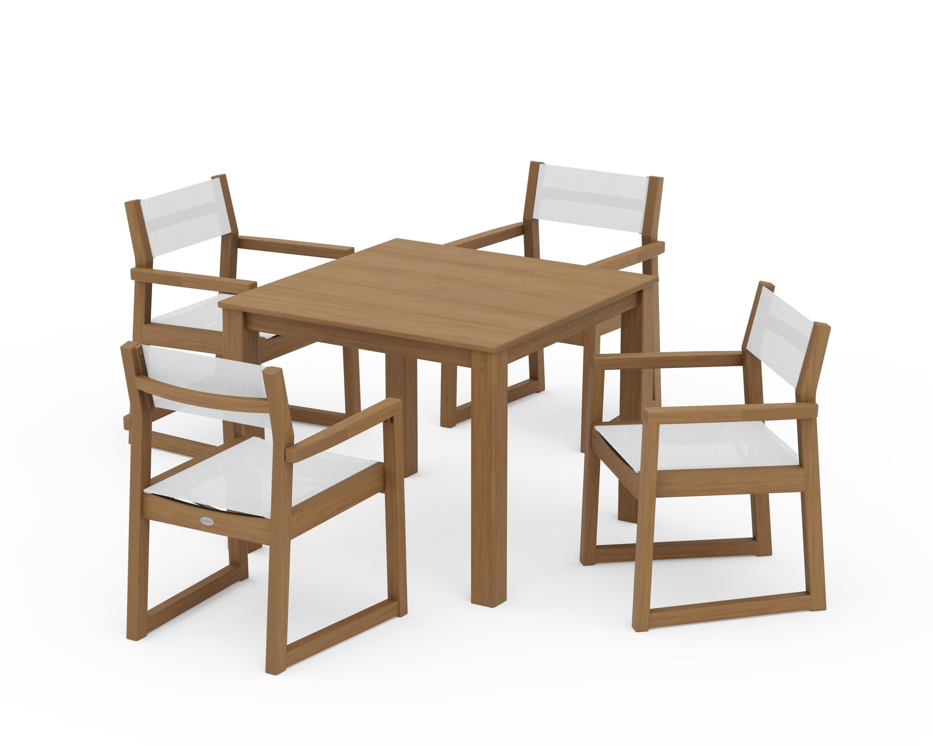 POLYWOOD EDGE Sling Arm Chair 5-Piece Parsons Dining Set in Natural / White Sling