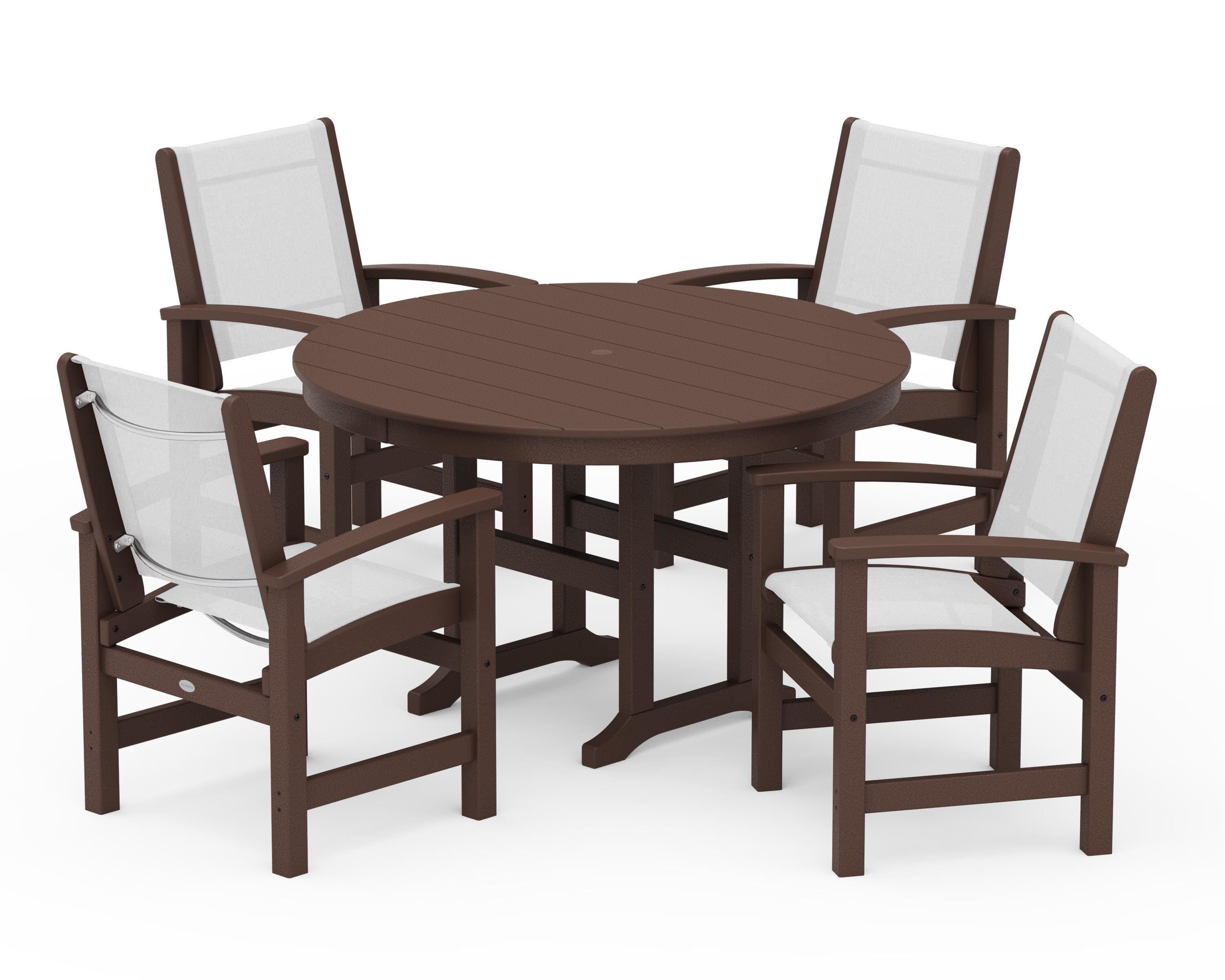 POLYWOOD Coastal 5-Piece Round Farmhouse Dining Set in Mahogany / White Sling