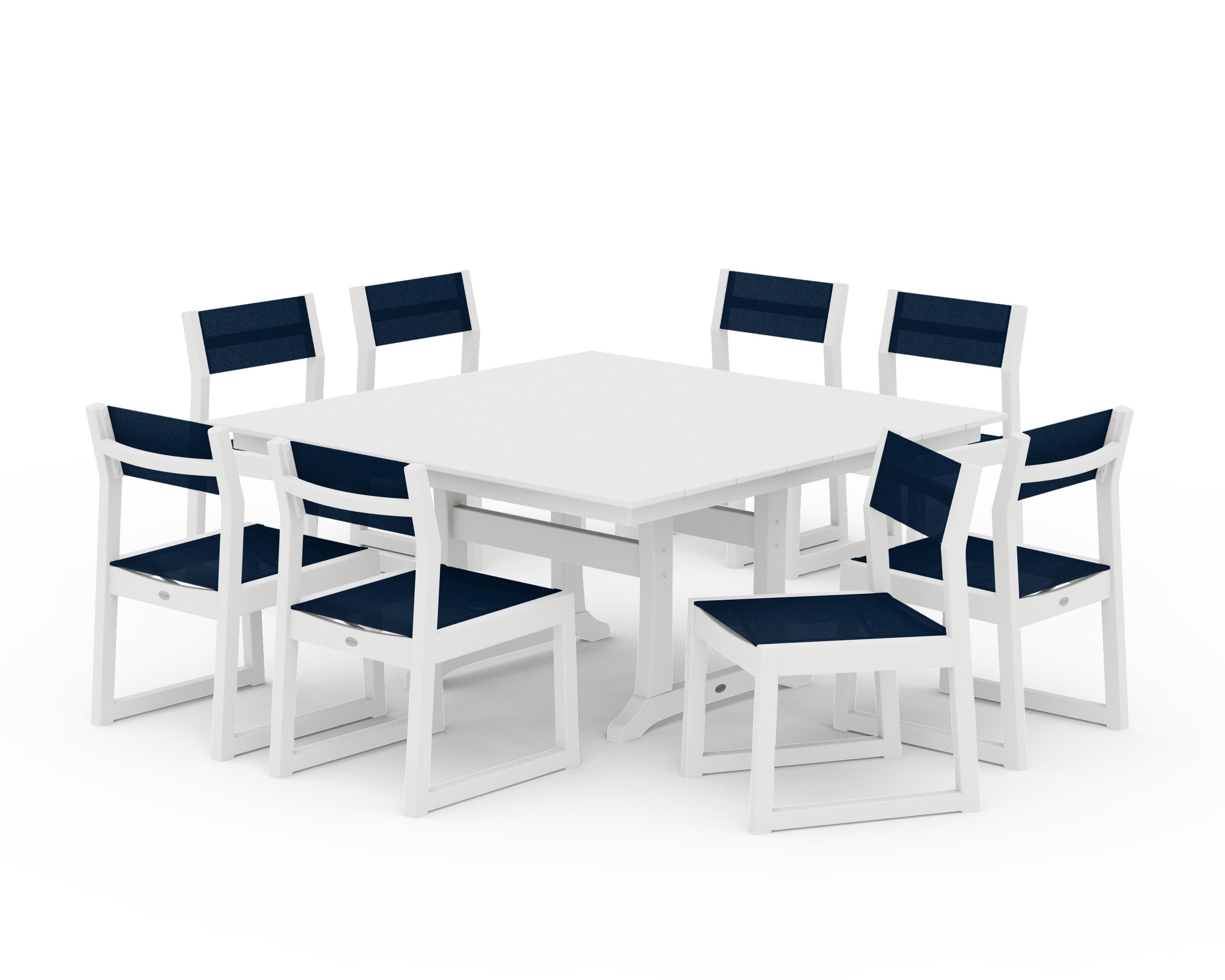 POLYWOOD EDGE Sling Side Chair 9-Piece Farmhouse Trestle Dining Set in White / Navy Blue Sling
