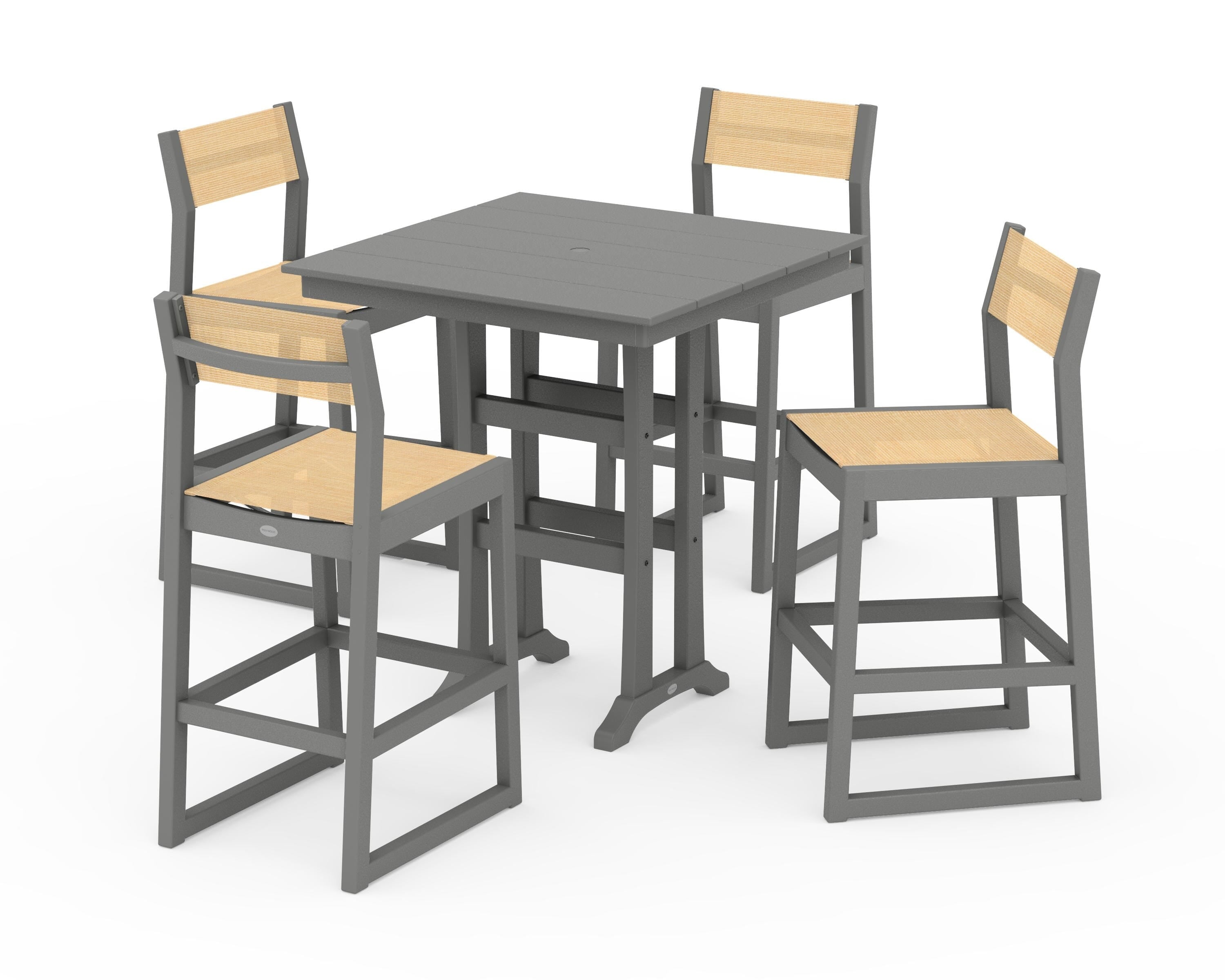 POLYWOOD EDGE Sling Arm Chair 5-Piece Farmhouse Bar Set with Trestle Legs in Slate Grey / Dupioni Apricot Sling