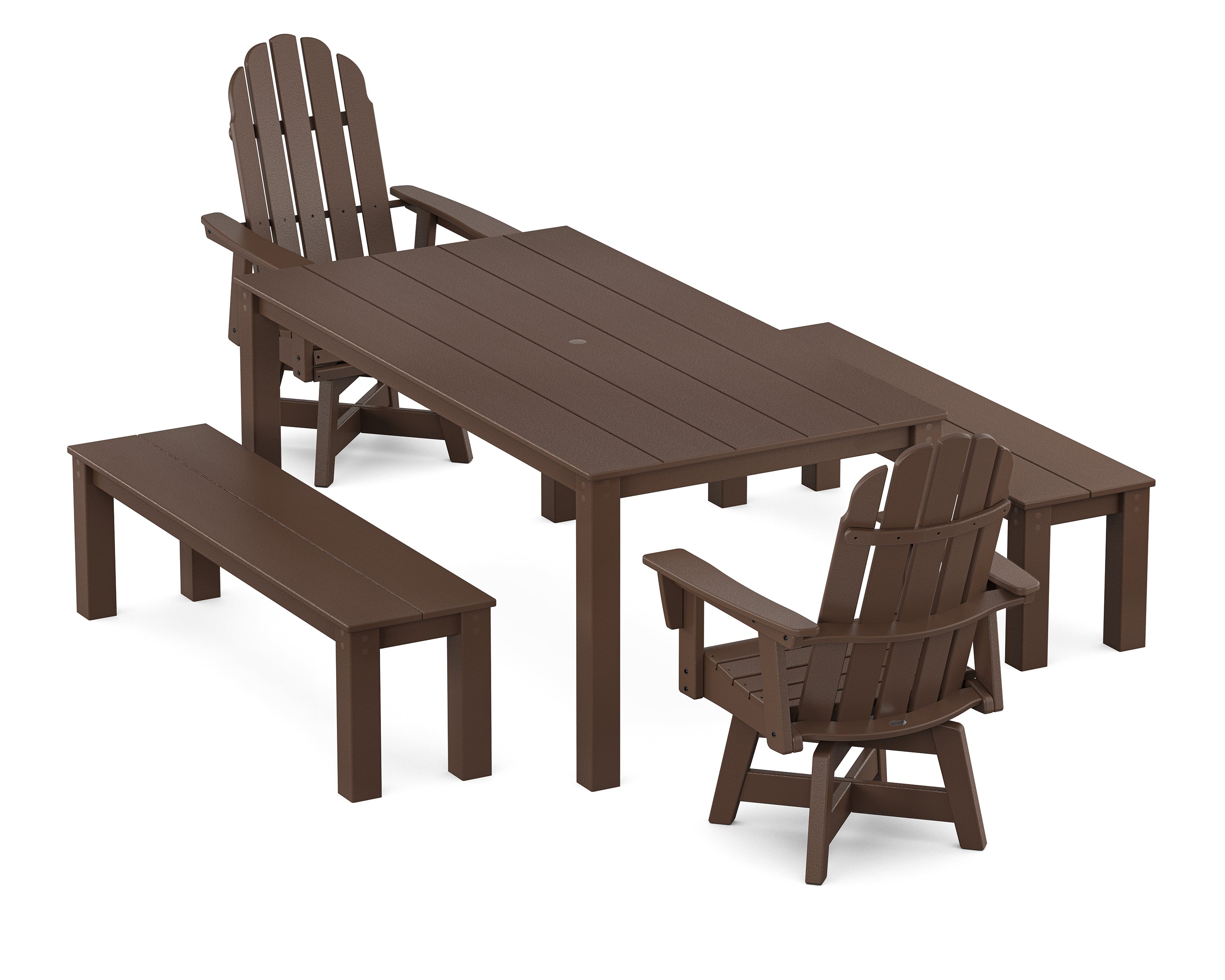 POLYWOOD® Vineyard Curveback Adirondack 5-Piece Parsons Swivel Dining Set with Benches in Mahogany