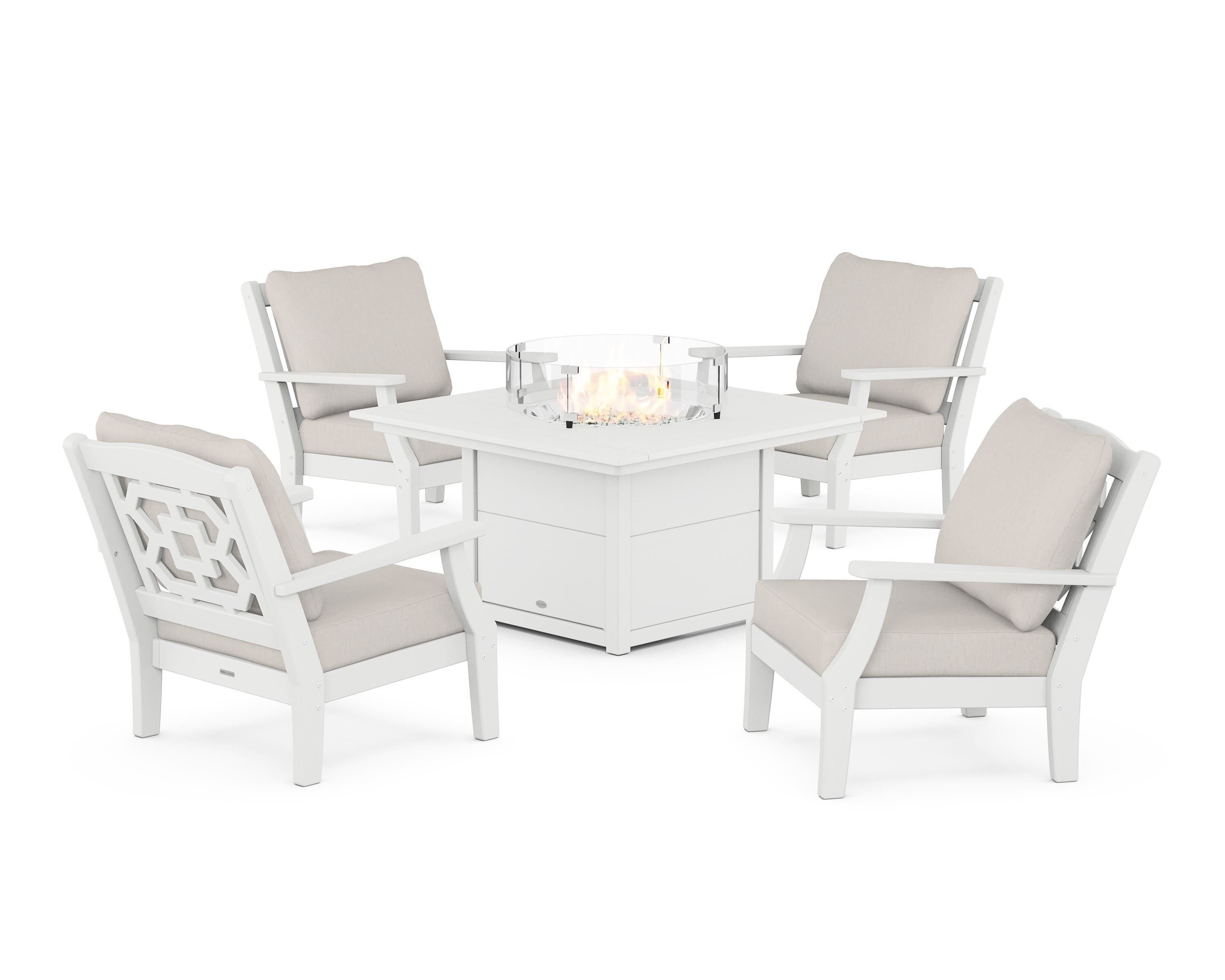 Martha Stewart by POLYWOOD Chinoiserie 5-Piece Deep Seating Set with Fire Pit Table in White / Cast Ash