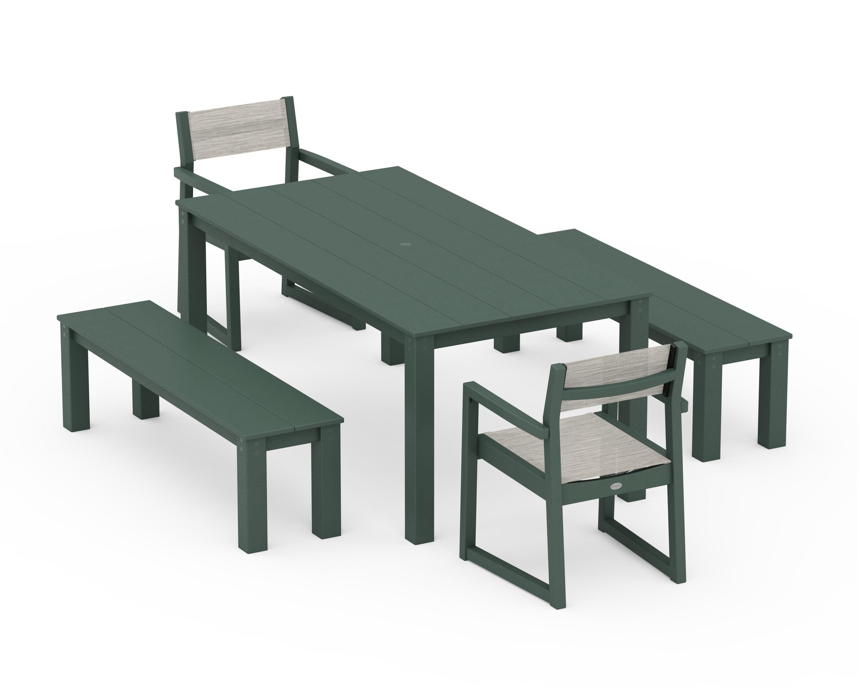 POLYWOOD EDGE Sling Arm Chair 5-Piece Parsons Dining Set with Benches in Green / Birch Sling