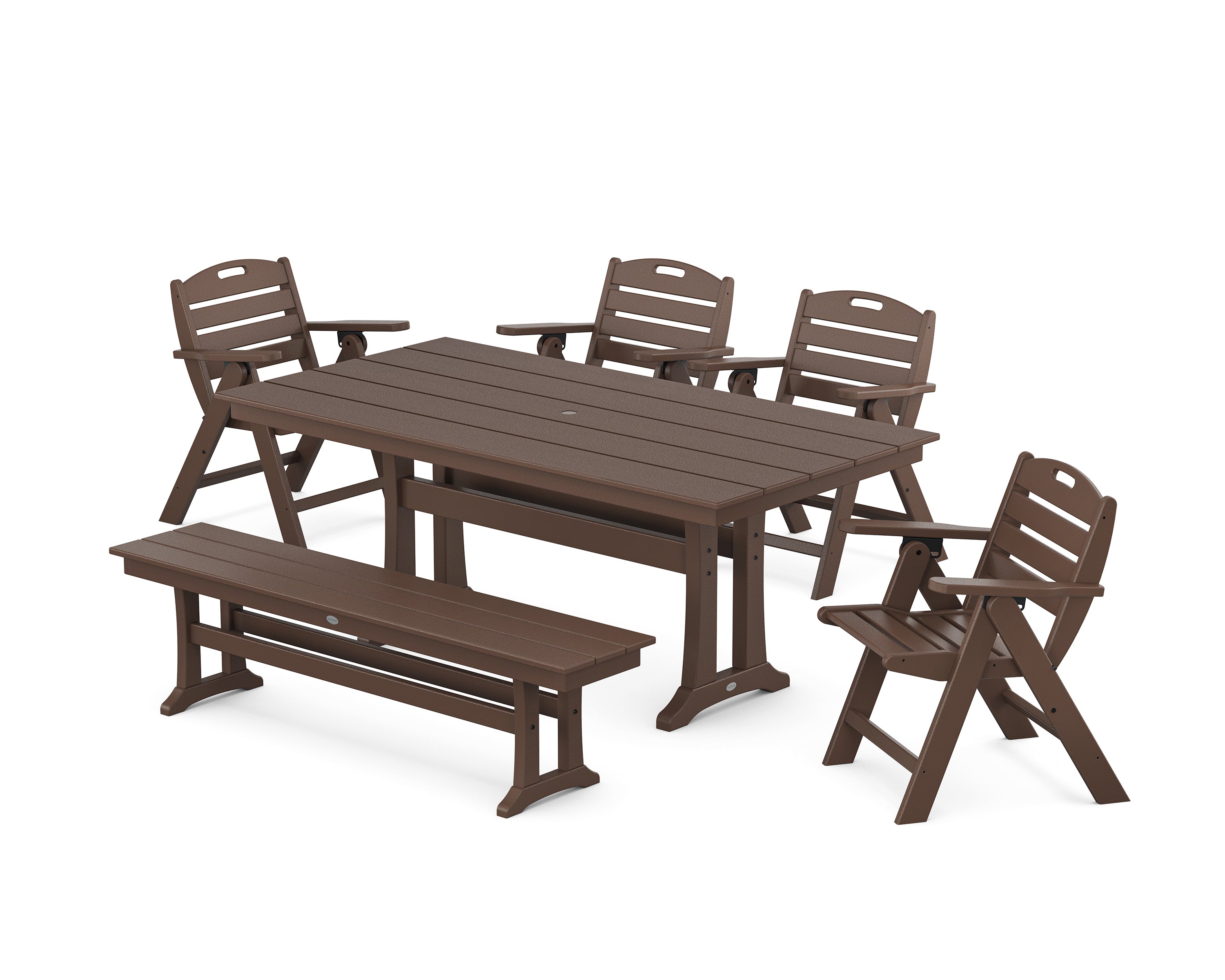 POLYWOOD Nautical Lowback 6-Piece Farmhouse Dining Set with Trestle Legs and Bench in Mahogany