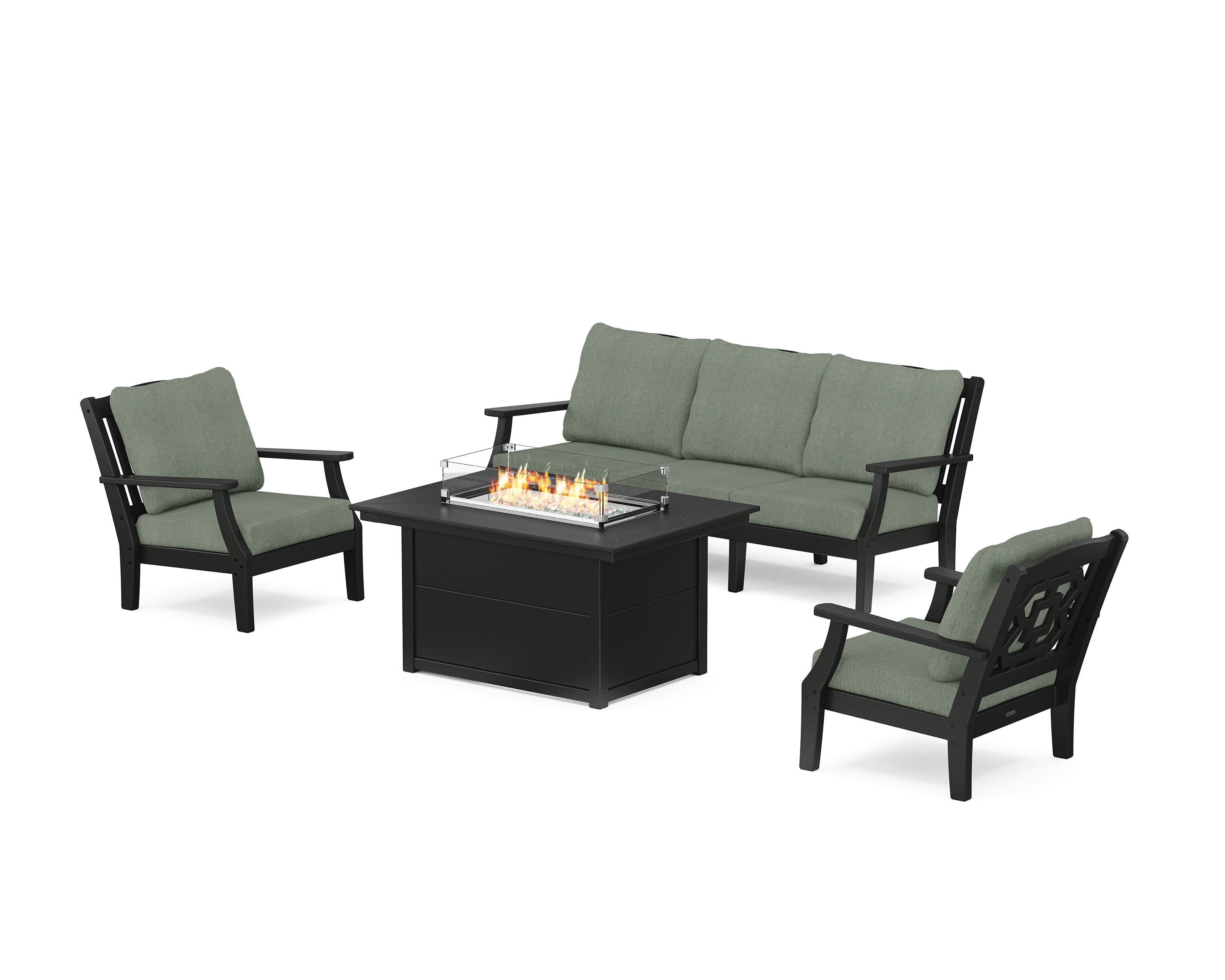Martha Stewart by POLYWOOD Chinoiserie Deep Seating Fire Pit Table Set in Black / Cast Sage