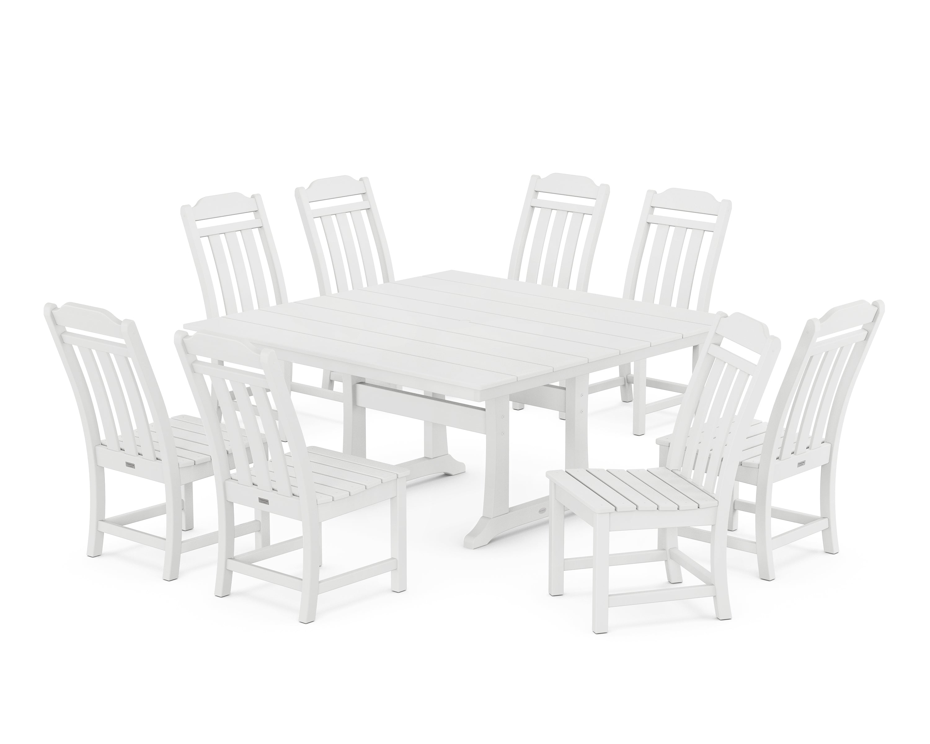 Polywood Country Living 9-Piece Square Farmhouse Side Chair Dining Set with Trestle Legs in White