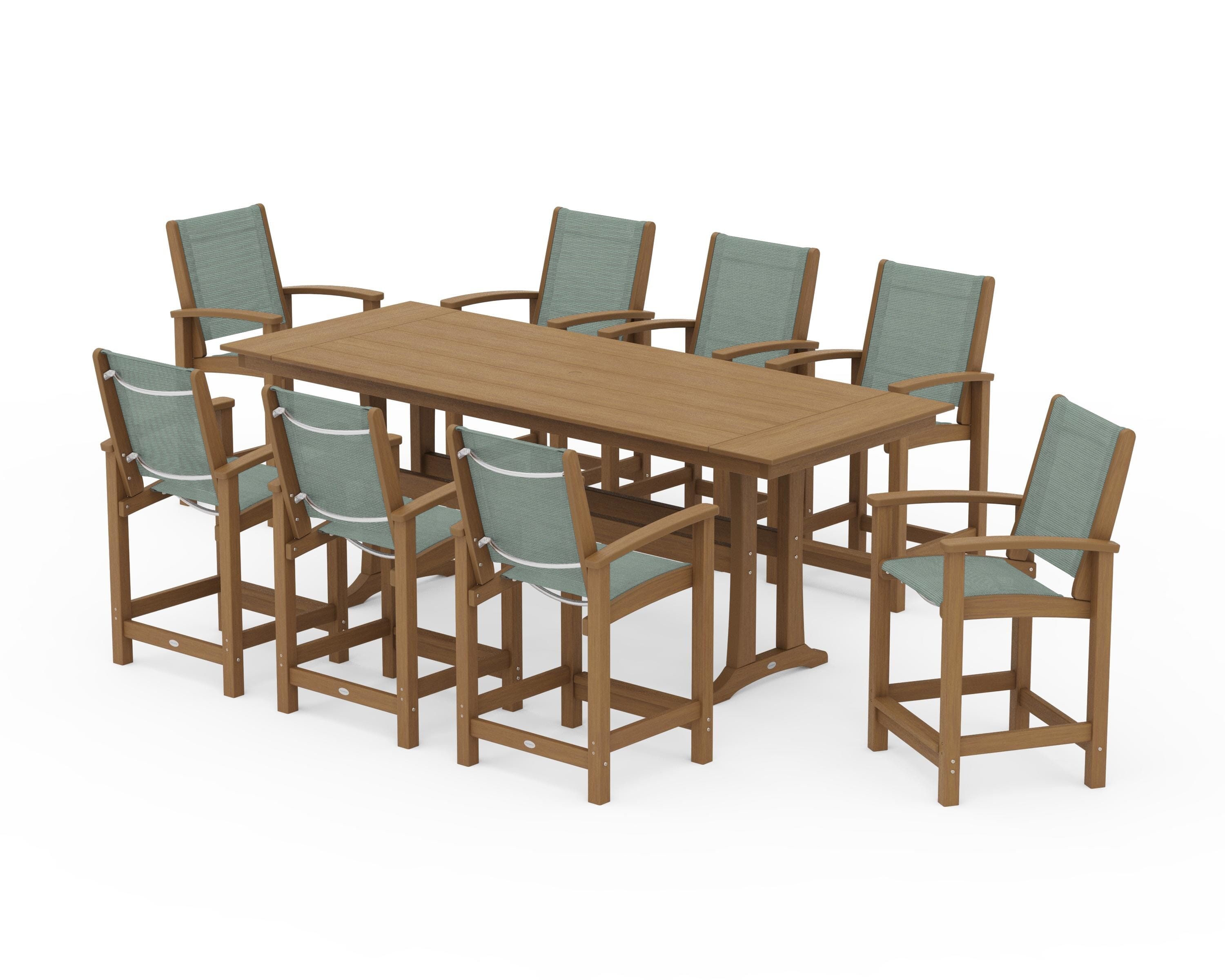 POLYWOOD Coastal 9-Piece Farmhouse Counter Set with Trestle Legs in Natural / Dupioni Sea Mist Sling