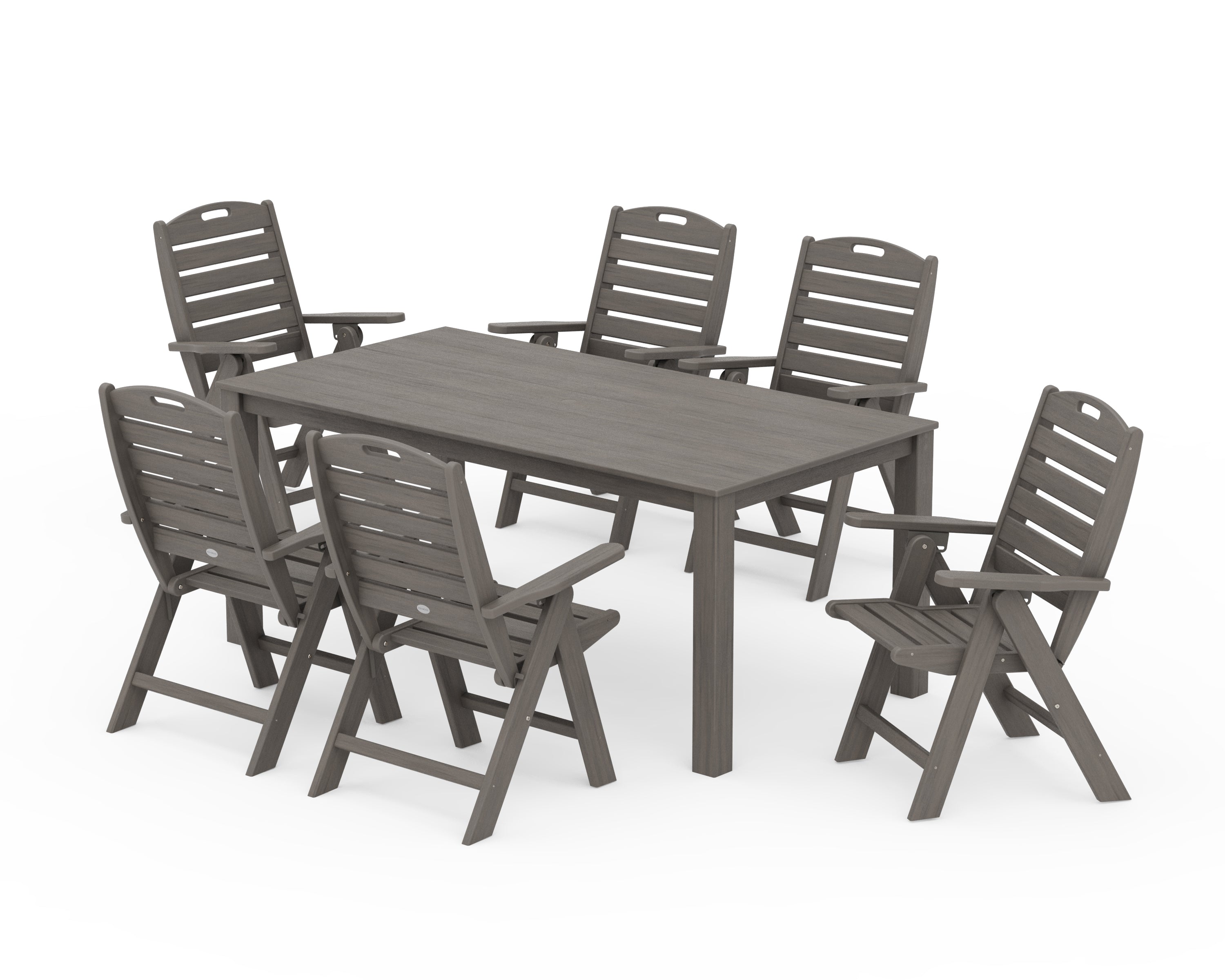 POLYWOOD Nautical Folding Highback Chair 7-Piece Parsons Dining Set in Driftwood