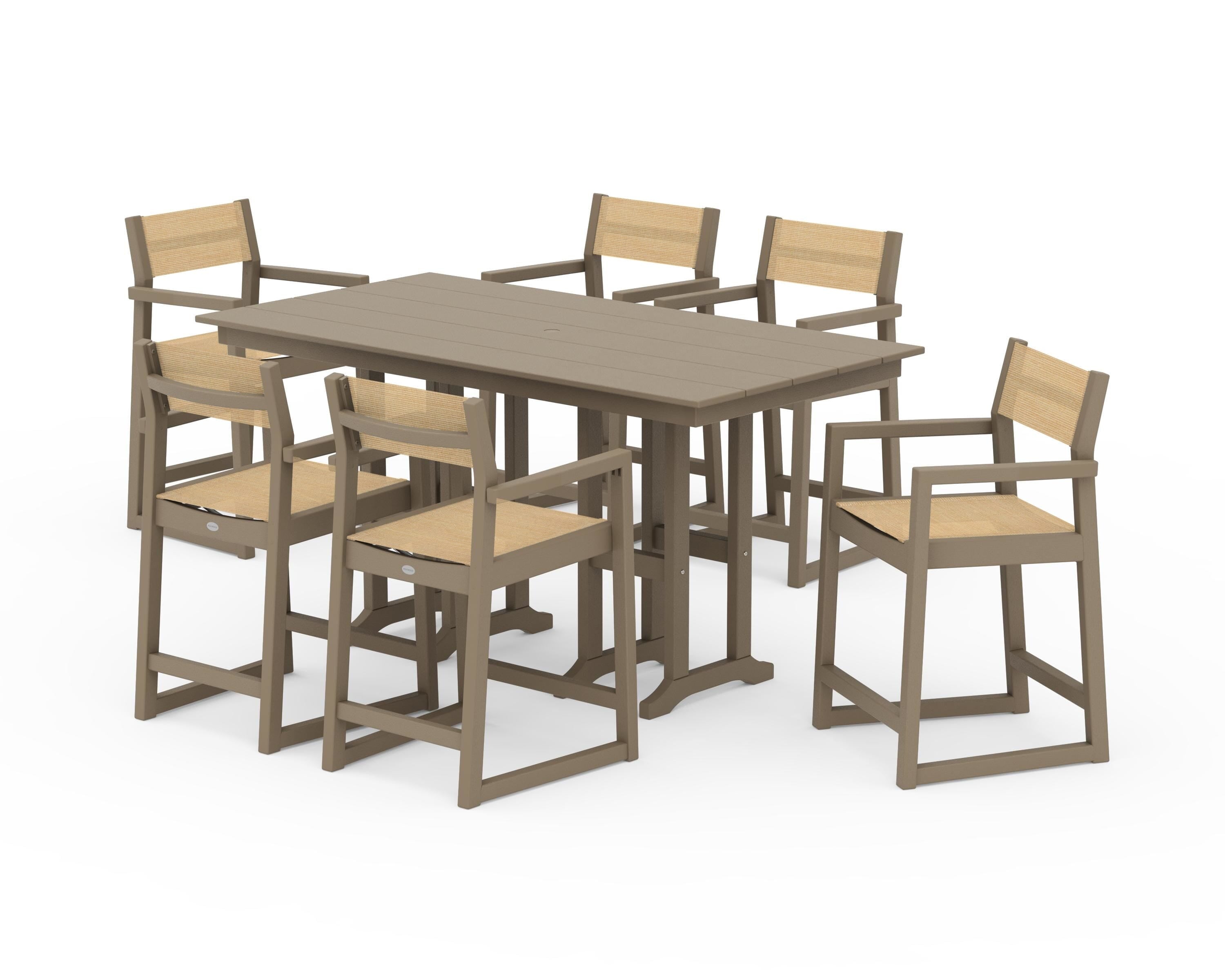 POLYWOOD EDGE Sling Arm Chair 7-Piece Farmhouse Counter Set in Vintage Sahara / Dupioni Apricot Sling