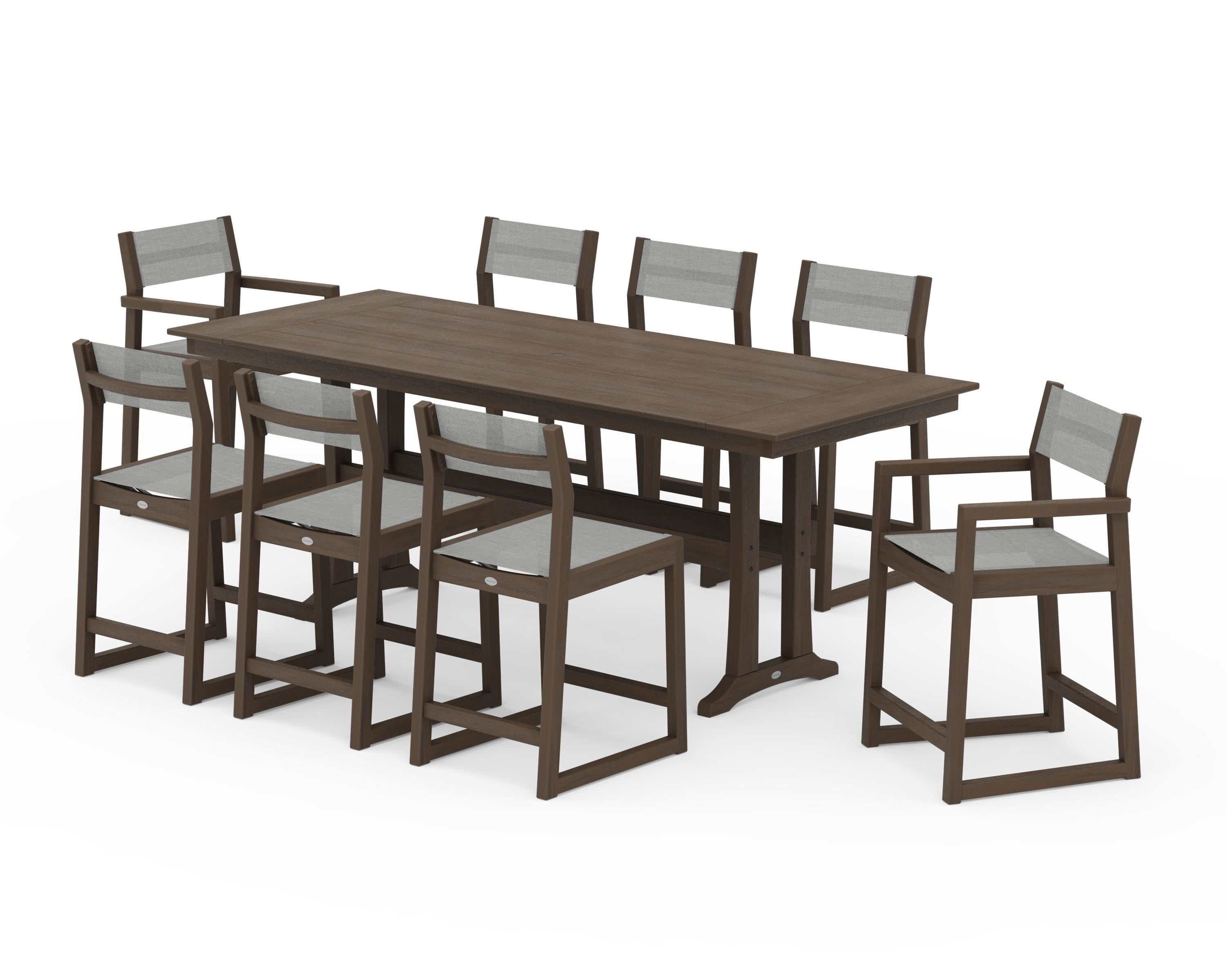 POLYWOOD EDGE Sling 9-Piece Farmhouse Counter Set with Trestle Legs in Kona / Metallic Sling