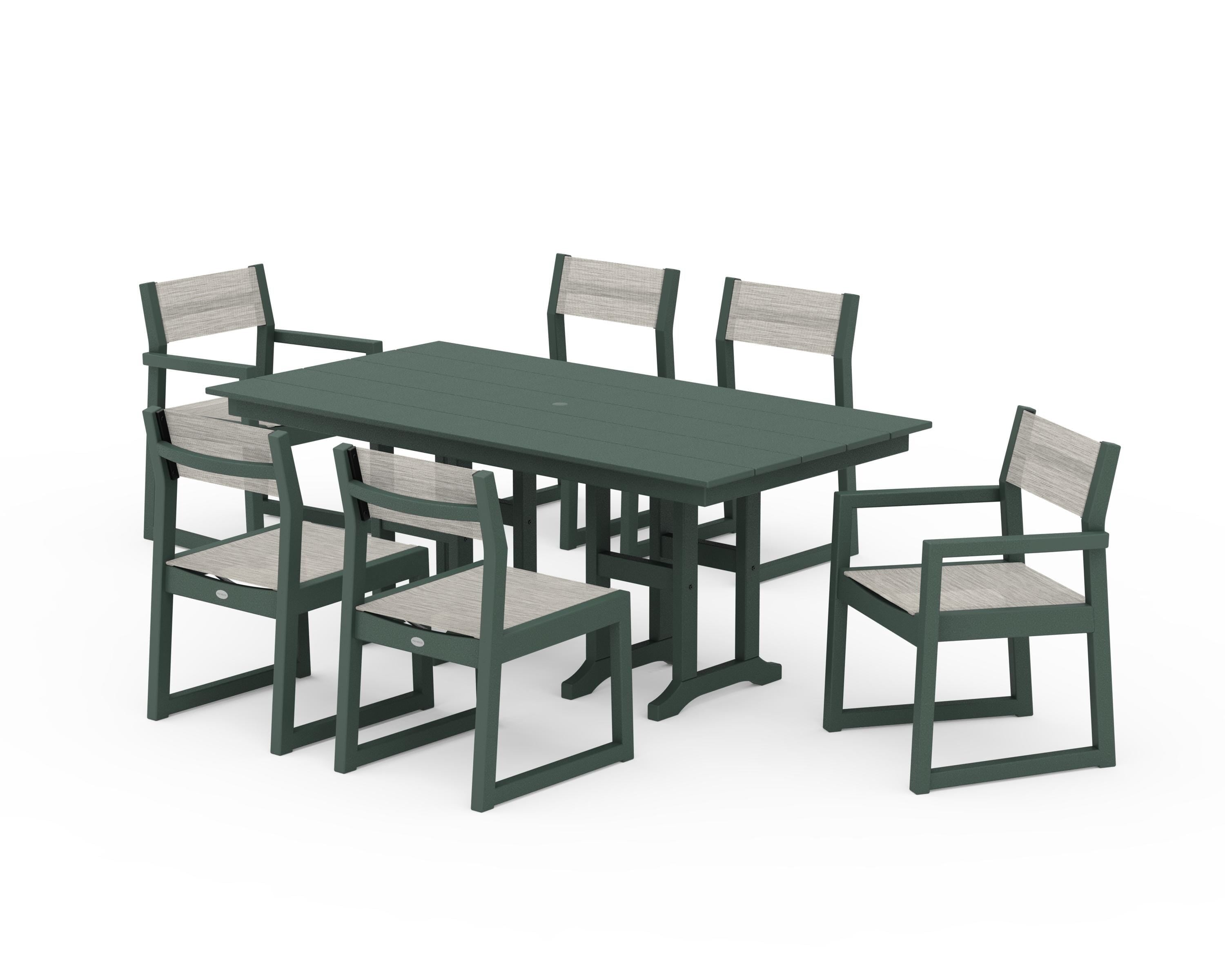 POLYWOOD EDGE Sling 7-Piece Farmhouse Dining Set in Green / Birch Sling