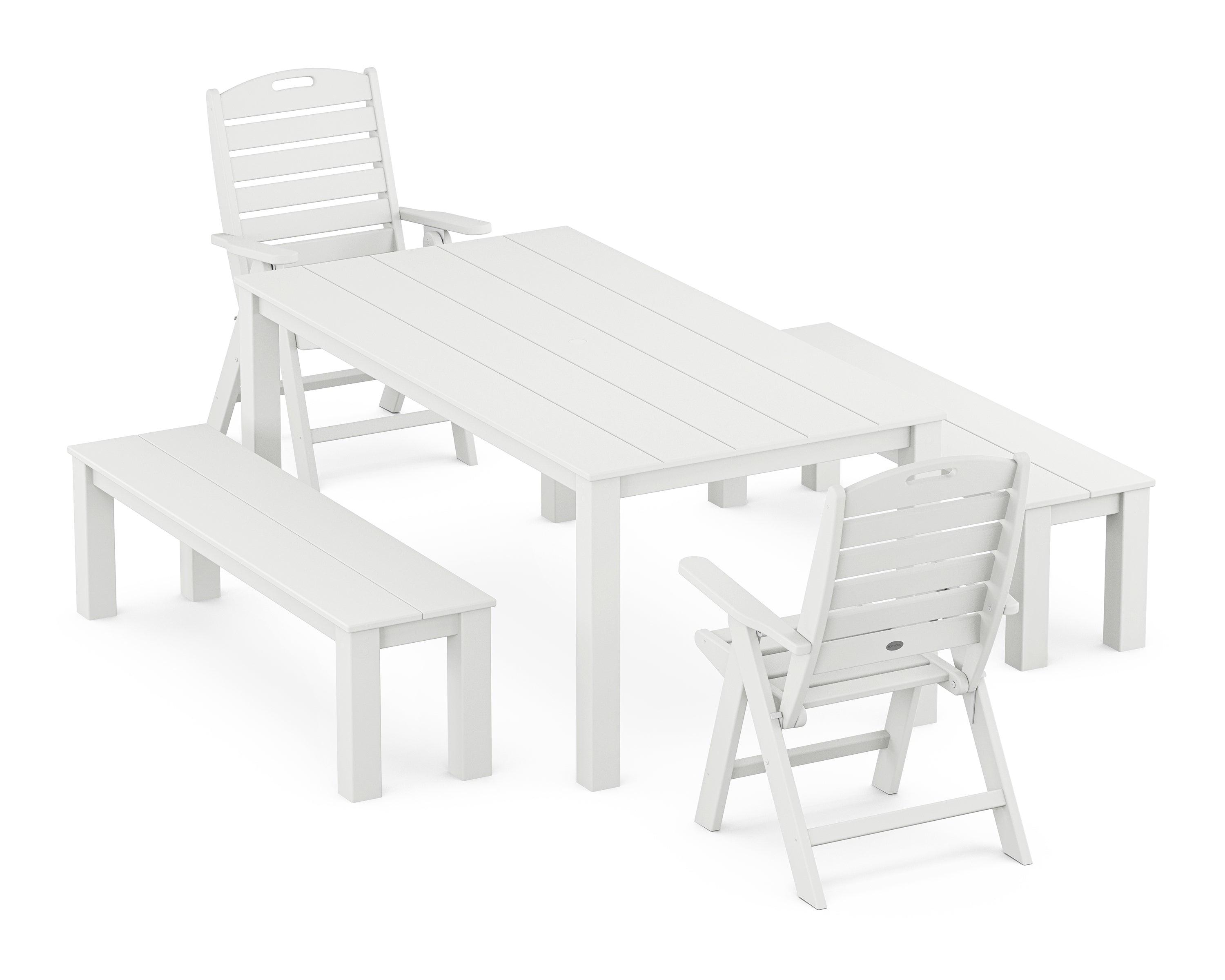 POLYWOOD Nautical Folding Highback Chair 5-Piece Parsons Dining Set with Benches in White