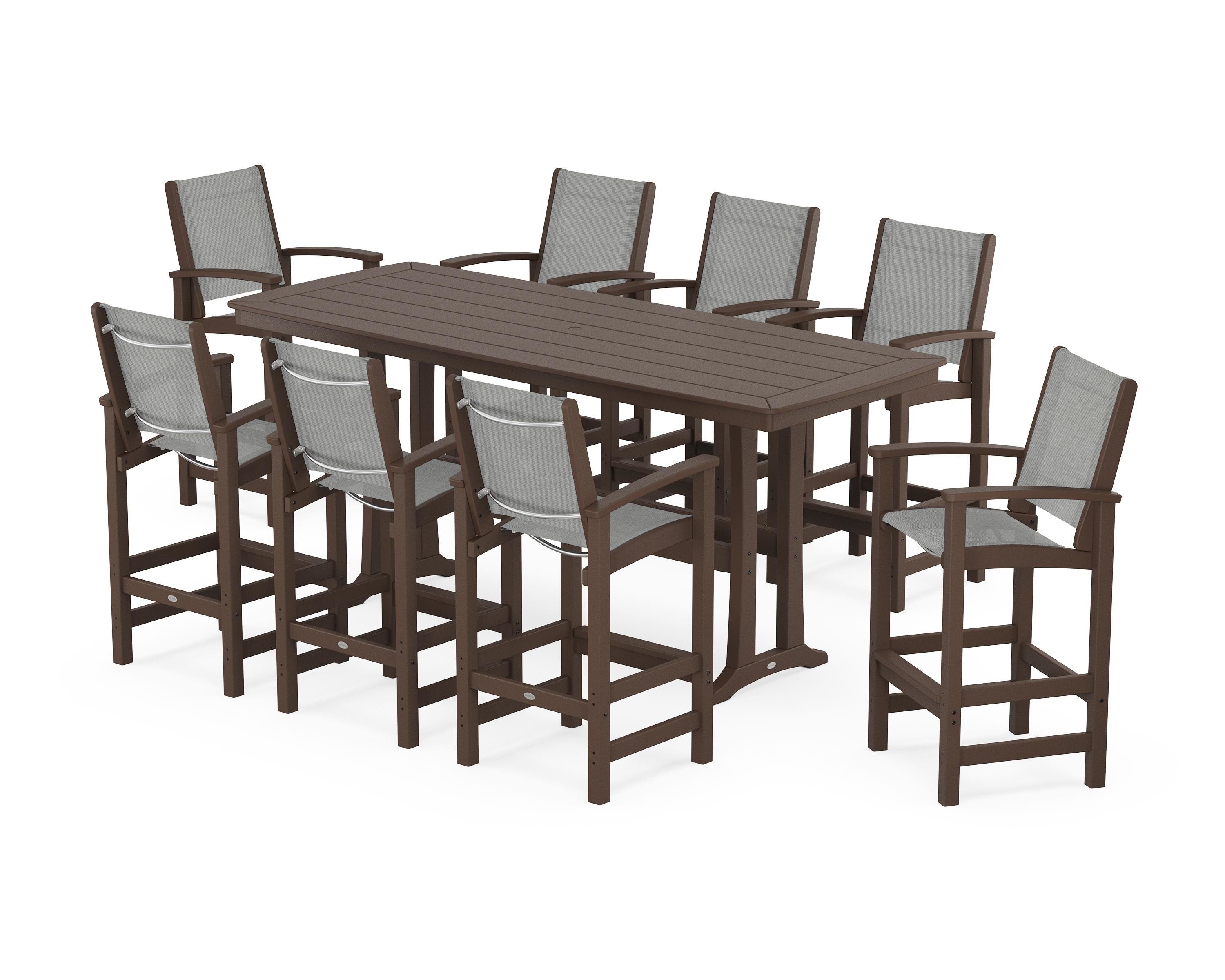 POLYWOOD Coastal 9-Piece Bar Set with Trestle Legs in Mahogany / Metallic Sling