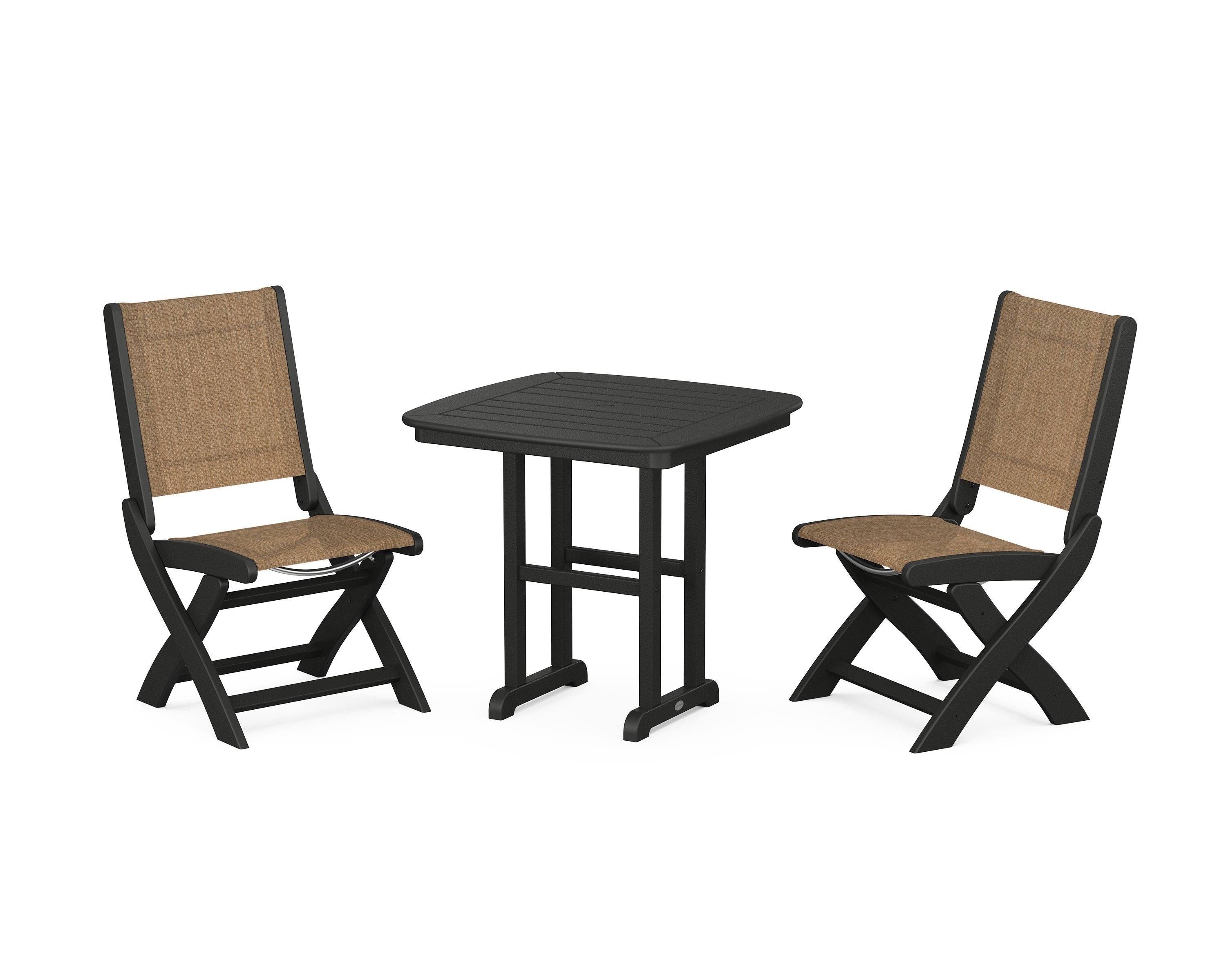 POLYWOOD Coastal Folding Side Chair 3-Piece Dining Set in Black / Burlap Sling