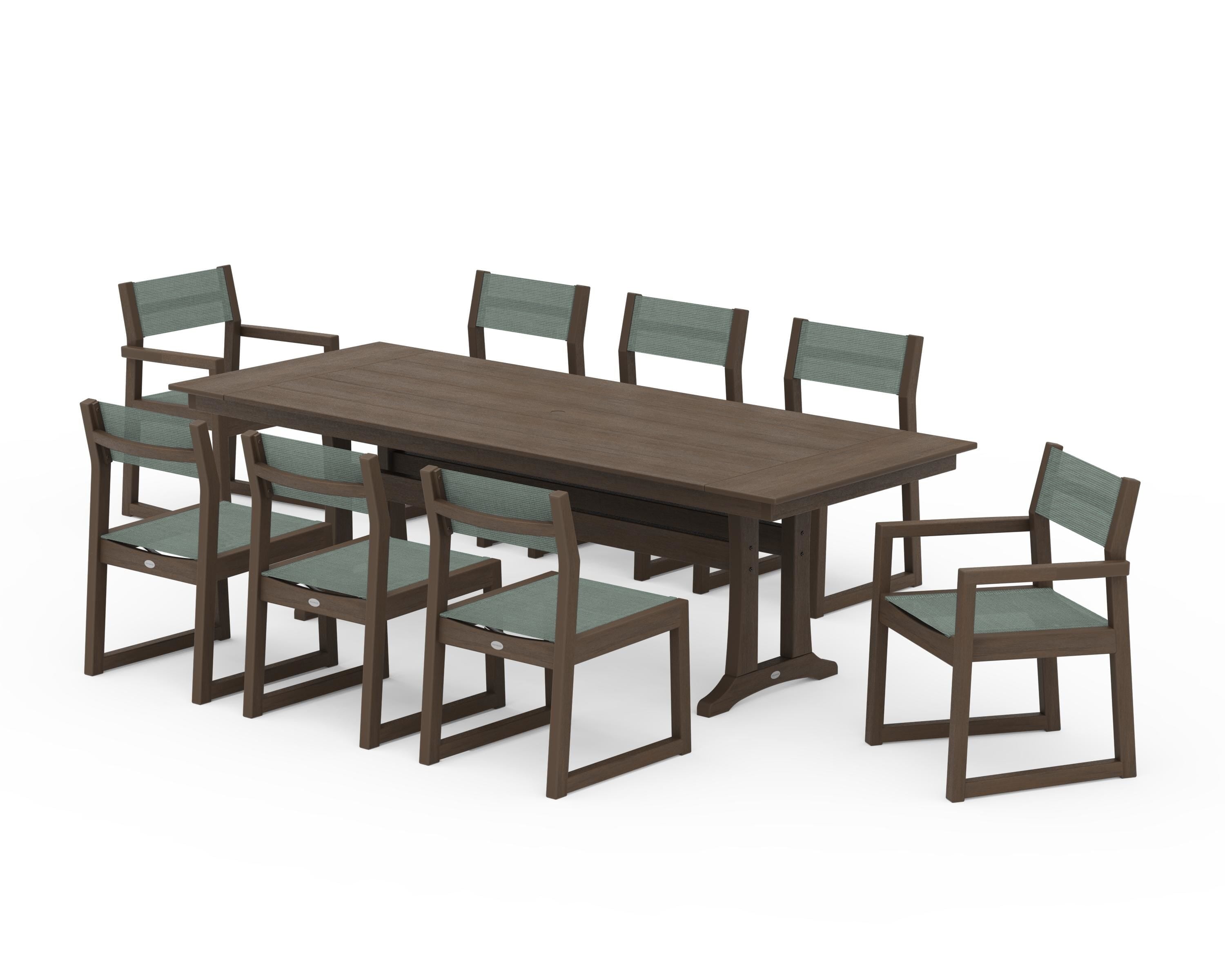 POLYWOOD EDGE Sling 9-Piece Farmhouse Trestle Dining Set in Kona / Dupioni Sea Mist Sling