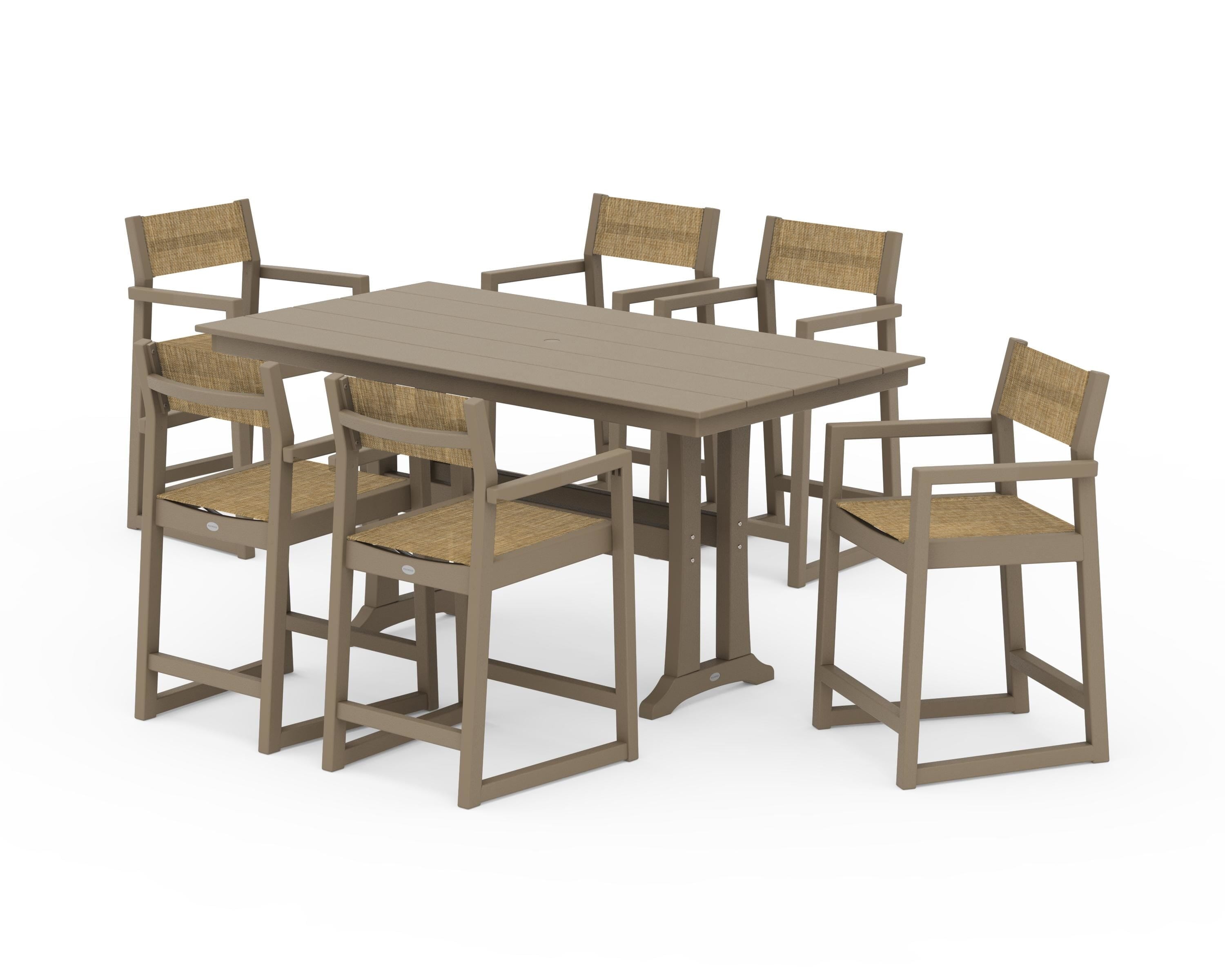 POLYWOOD EDGE Sling Arm Chair 7-Piece Farmhouse Counter Set with Trestle Legs in Vintage Sahara / Burlap Sling