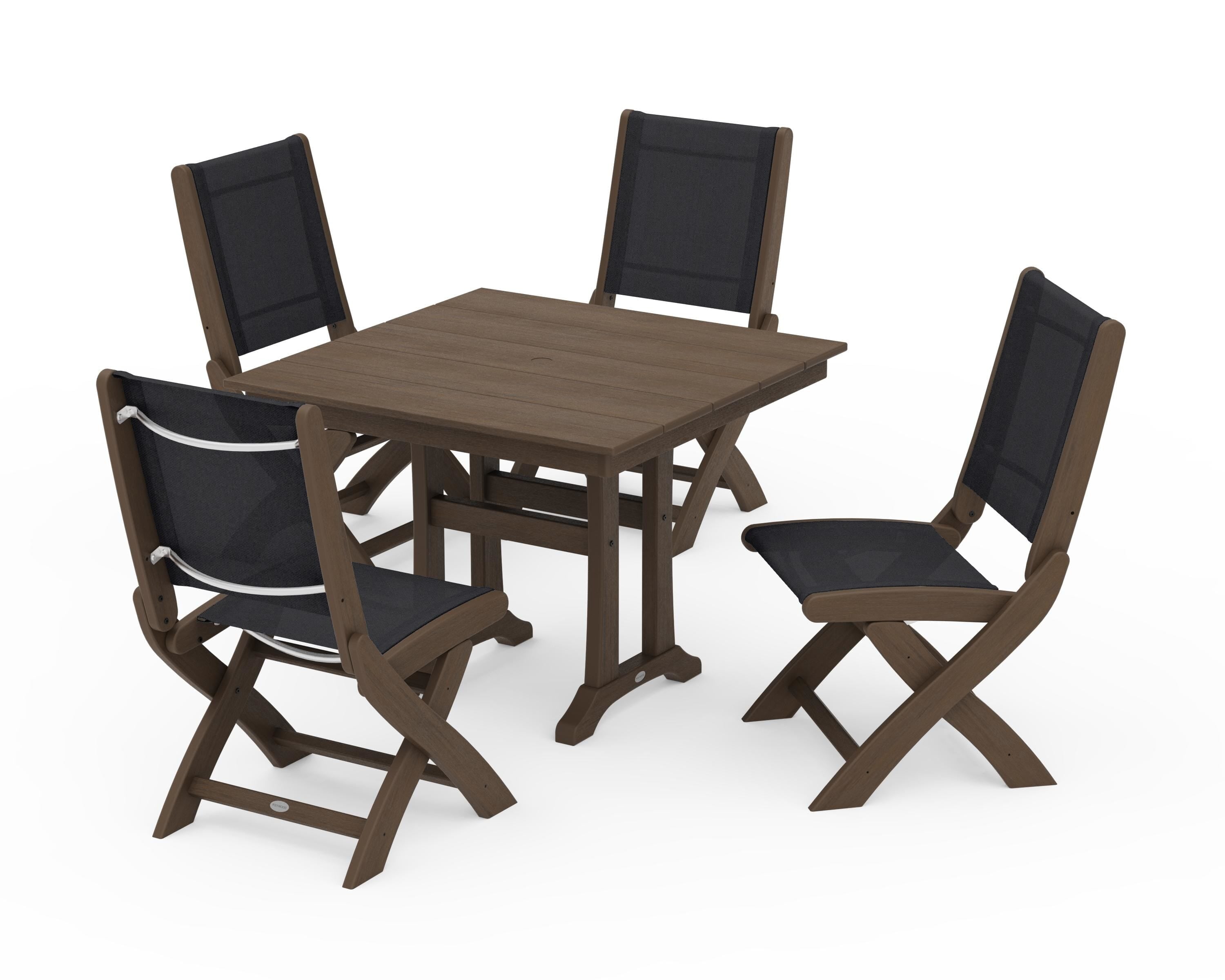 POLYWOOD Coastal Folding Side Chair 5-Piece Farmhouse Dining Set With Trestle Legs in Kona / Black Sling