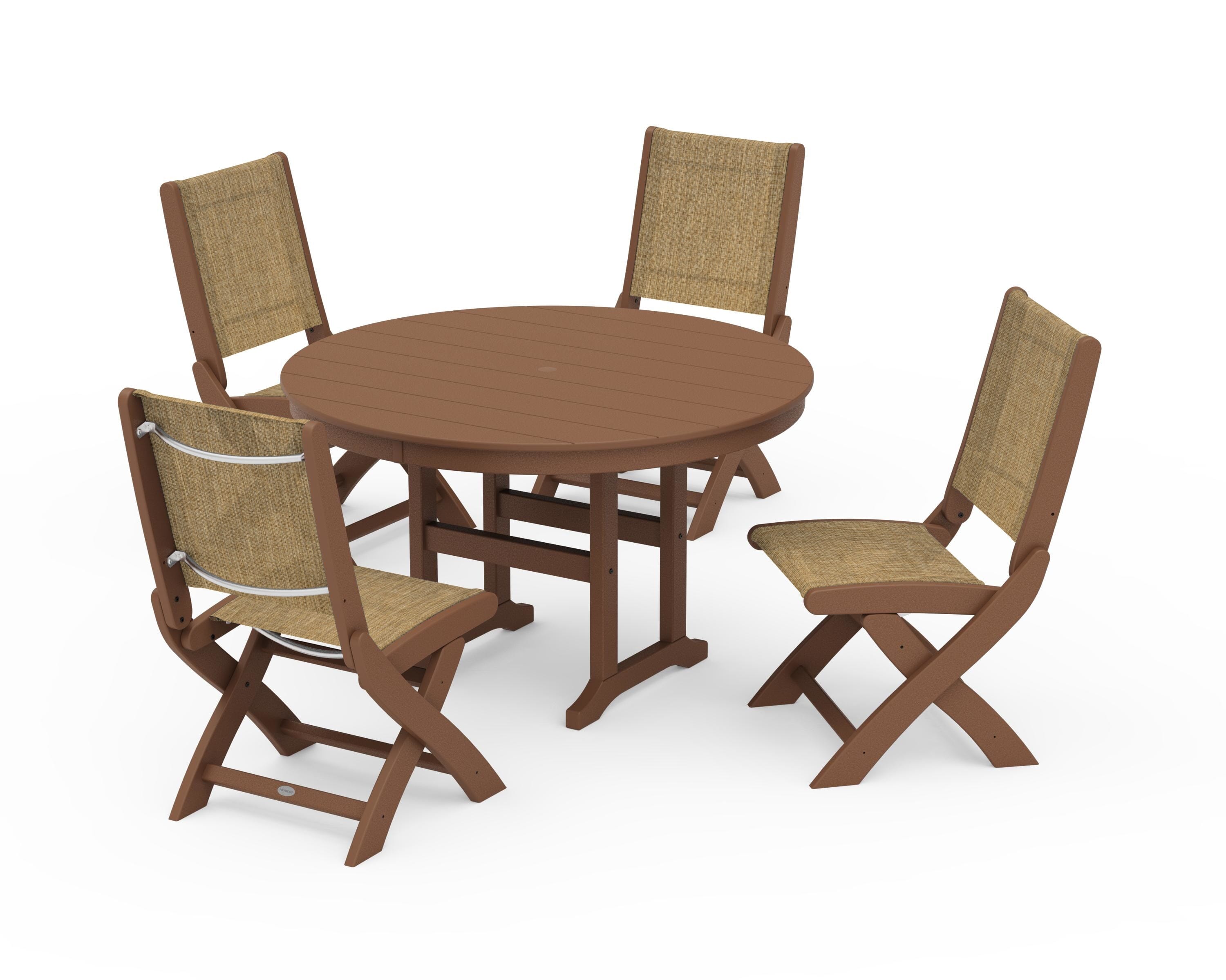 POLYWOOD Coastal Folding Side Chair 5-Piece Round Dining Set in Teak / Burlap Sling