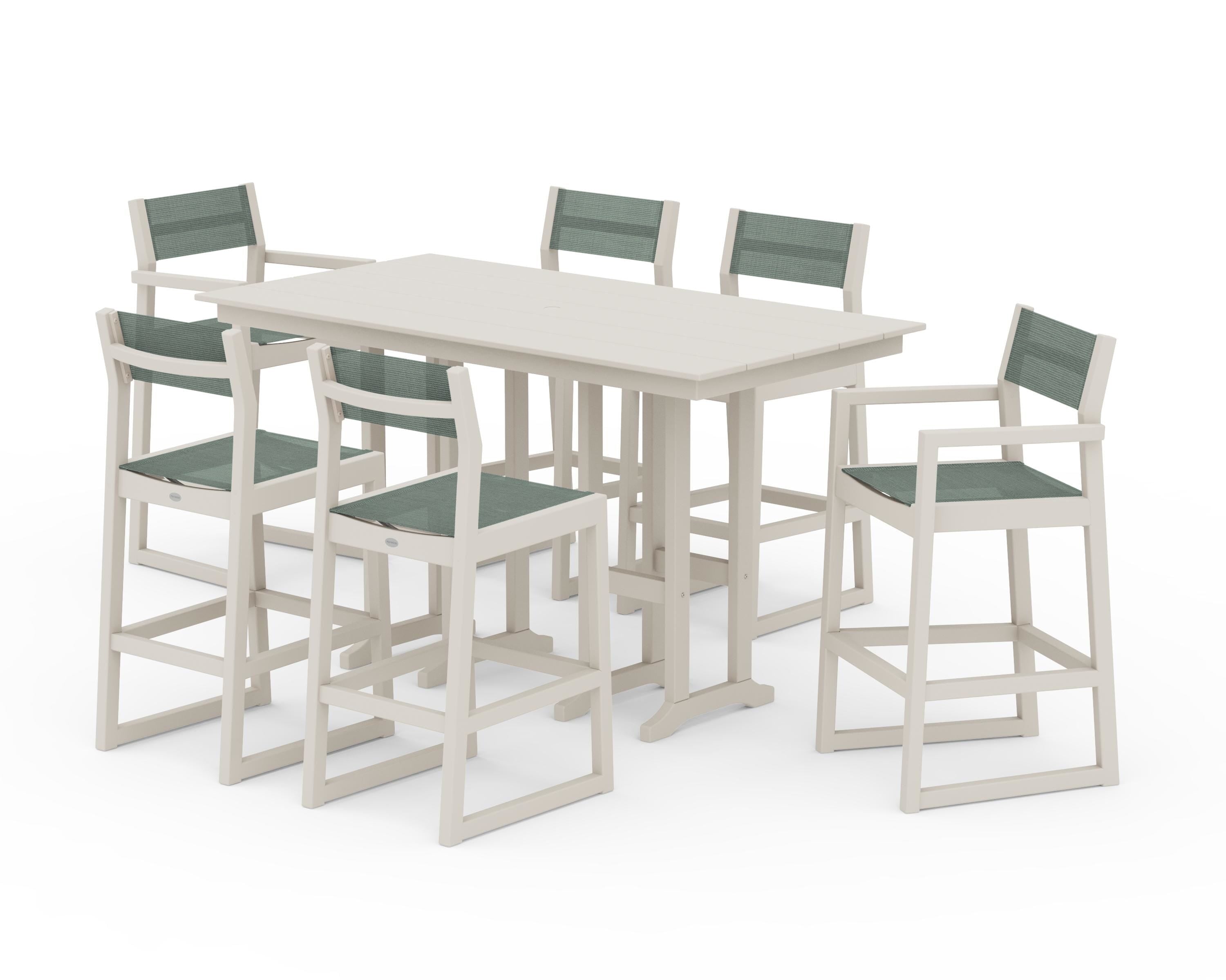 POLYWOOD EDGE Sling 7-Piece Farmhouse Bar Set in Sand / Dupioni Sea Mist Sling
