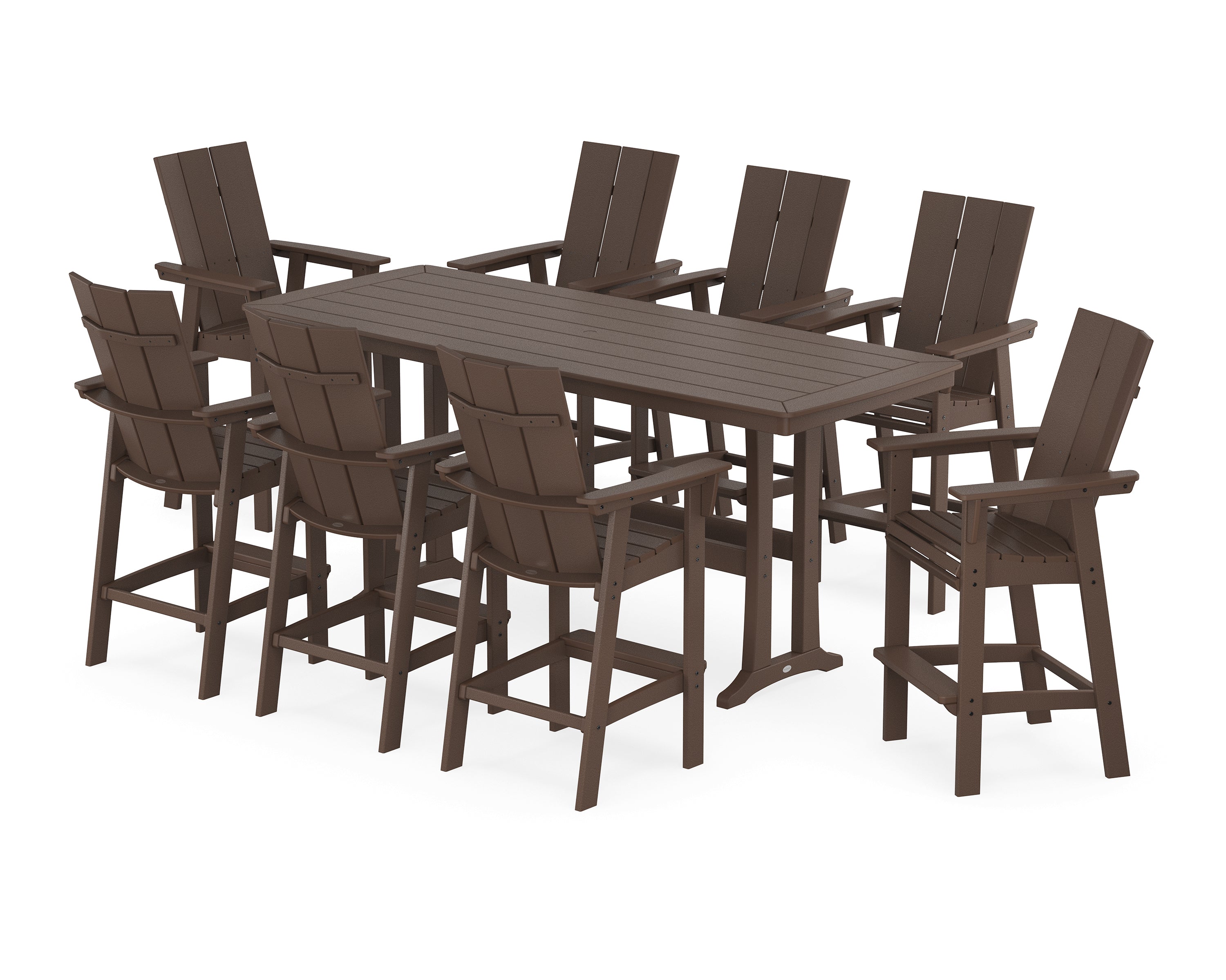 POLYWOOD Modern Curveback Adirondack 9-Piece Bar Set with Trestle Legs in Mahogany
