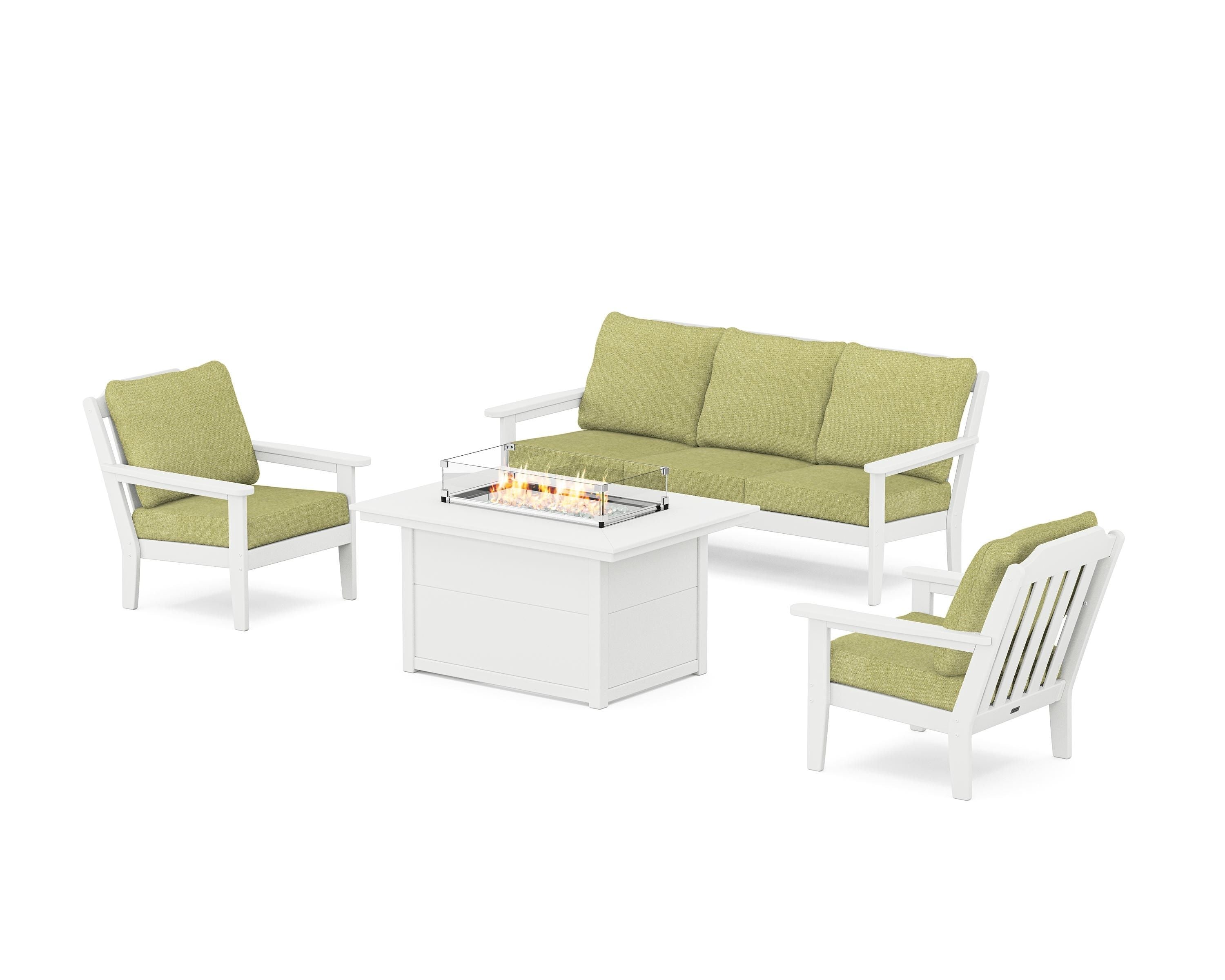 Country Living Cottage Deep Seating Fire Pit Table Set in White / Chartreuse Boucle