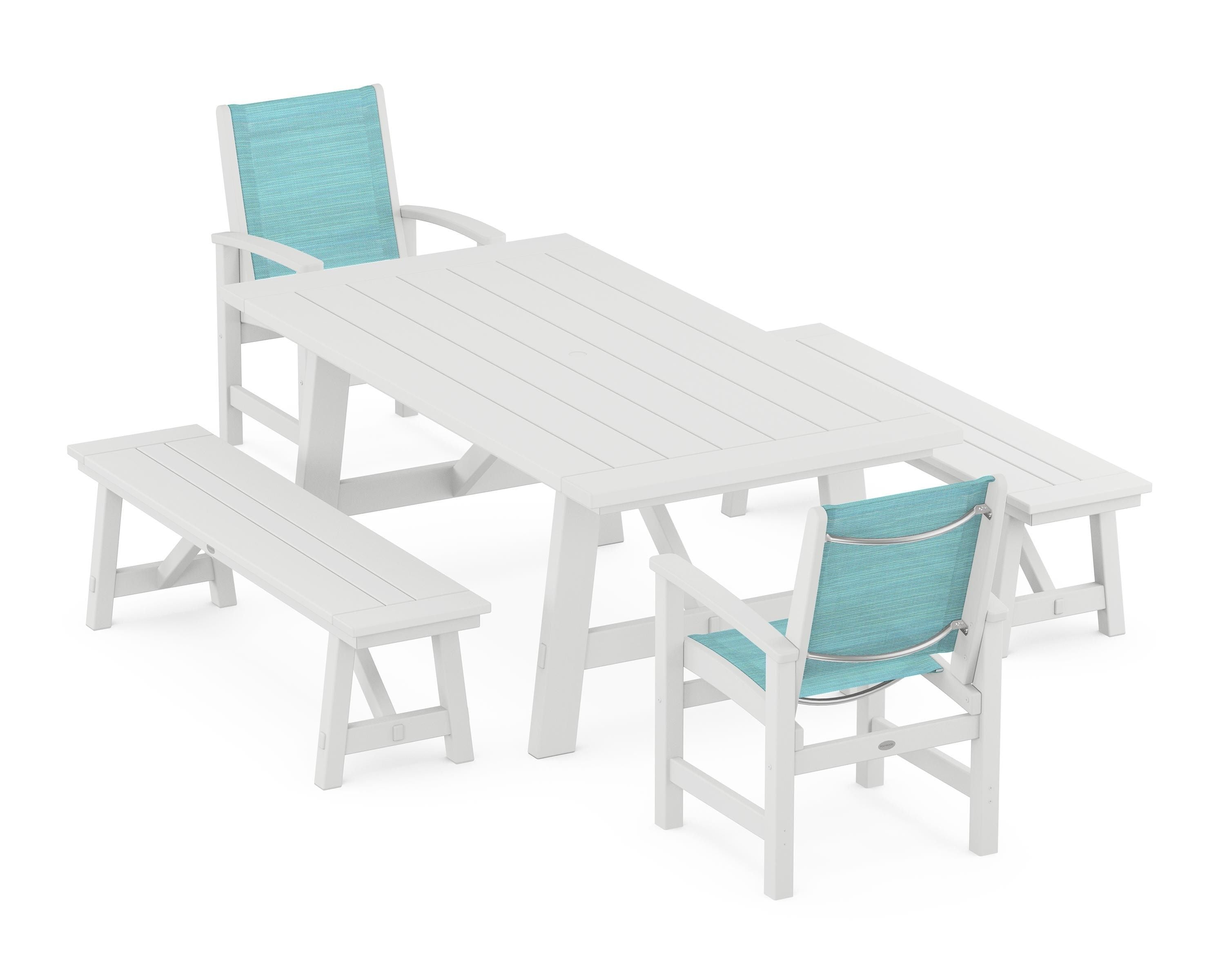 POLYWOOD Coastal 5-Piece Rustic Farmhouse Dining Set With Benches in White / Dupioni Aquamarine Sling