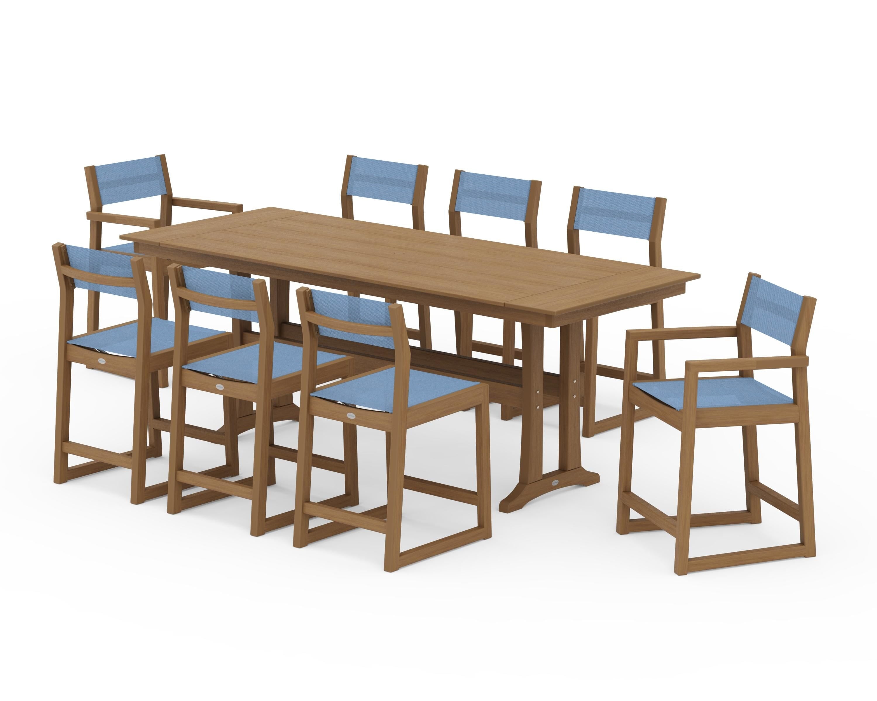 POLYWOOD EDGE Sling 9-Piece Farmhouse Counter Set with Trestle Legs in Natural / Poolside Sling