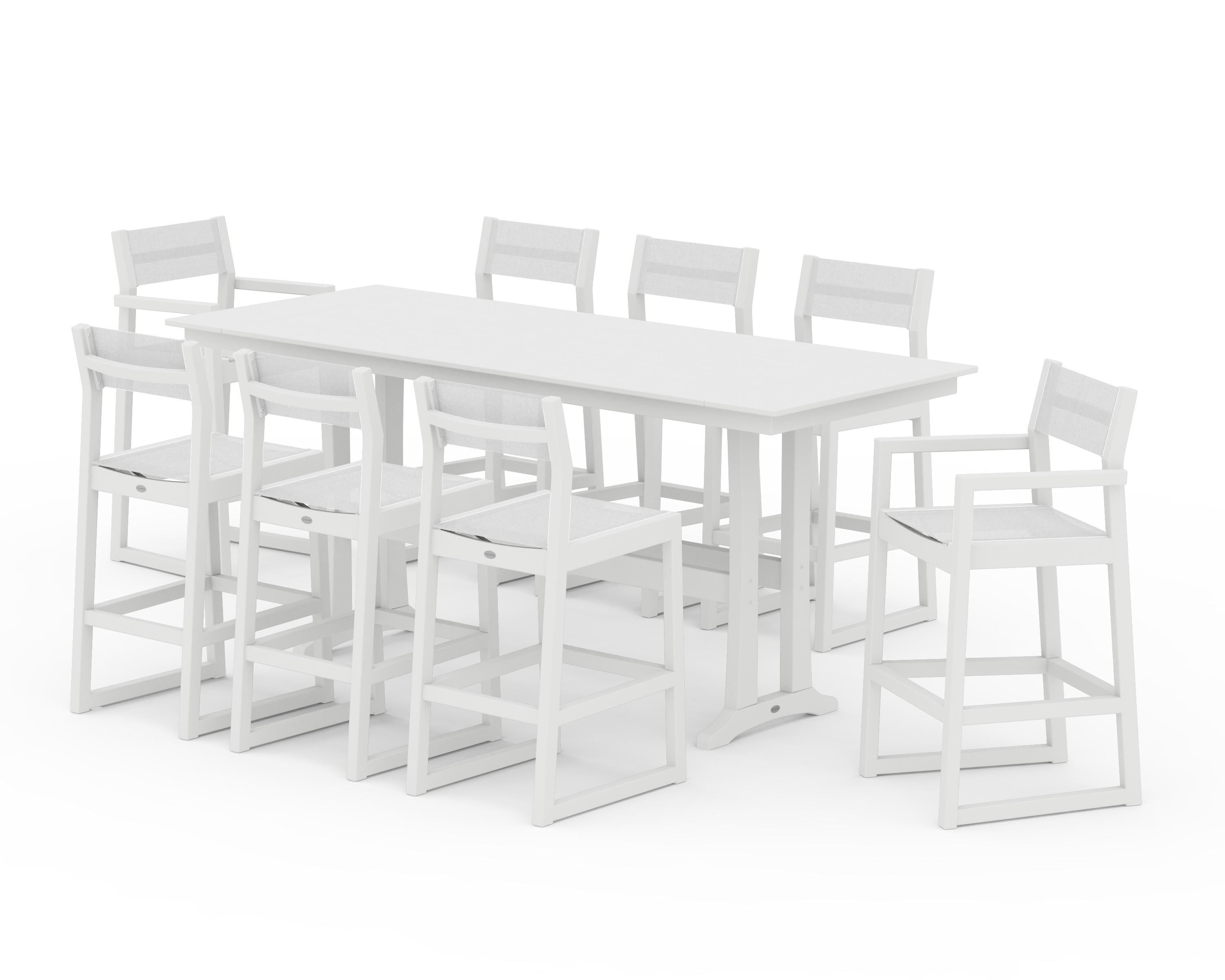 POLYWOOD EDGE Sling 9-Piece Farmhouse Bar Set with Trestle Legs in White / White Sling