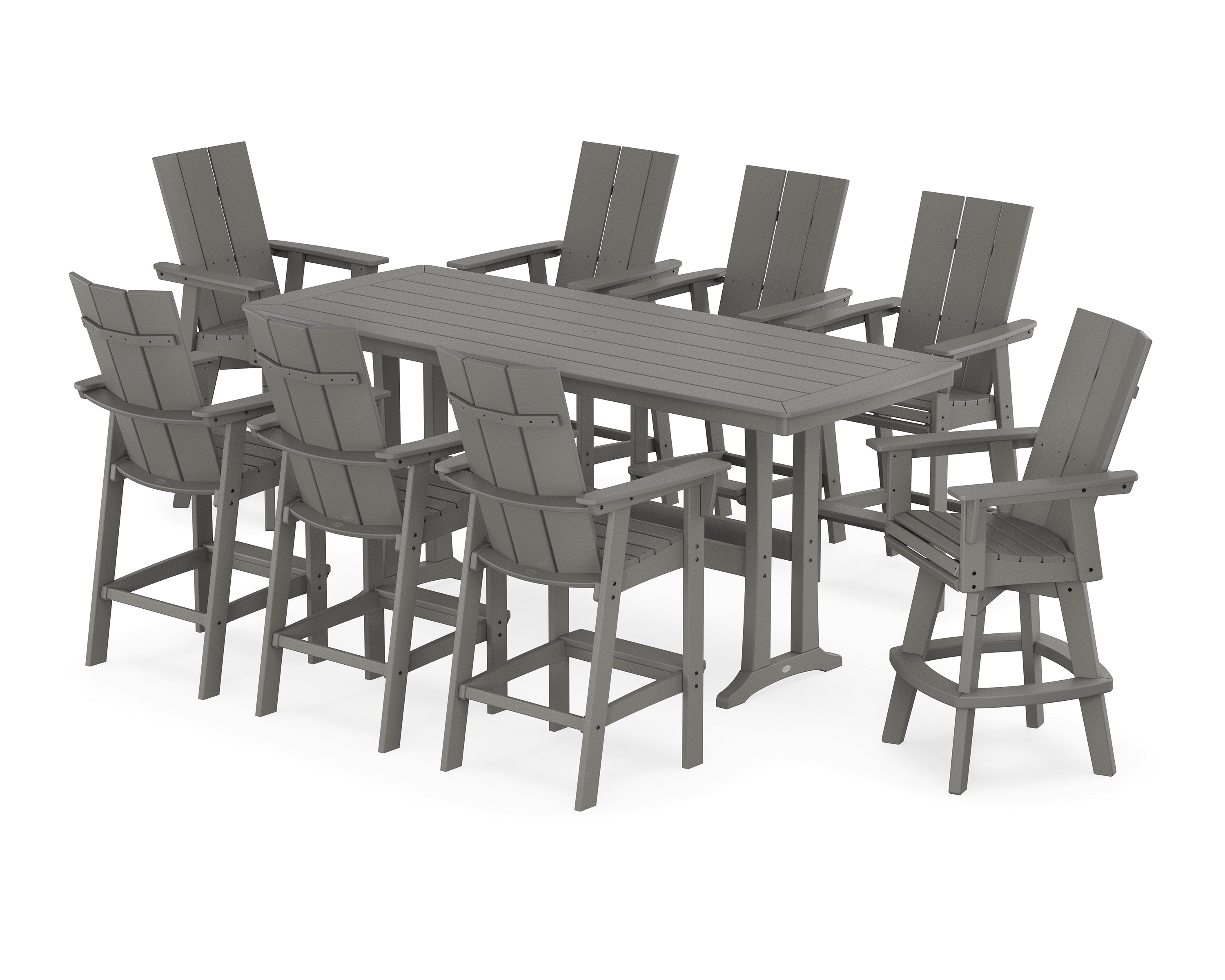 POLYWOOD Modern Curveback Adirondack Swivel 9-Piece Bar Set with Trestle Legs in Slate Grey