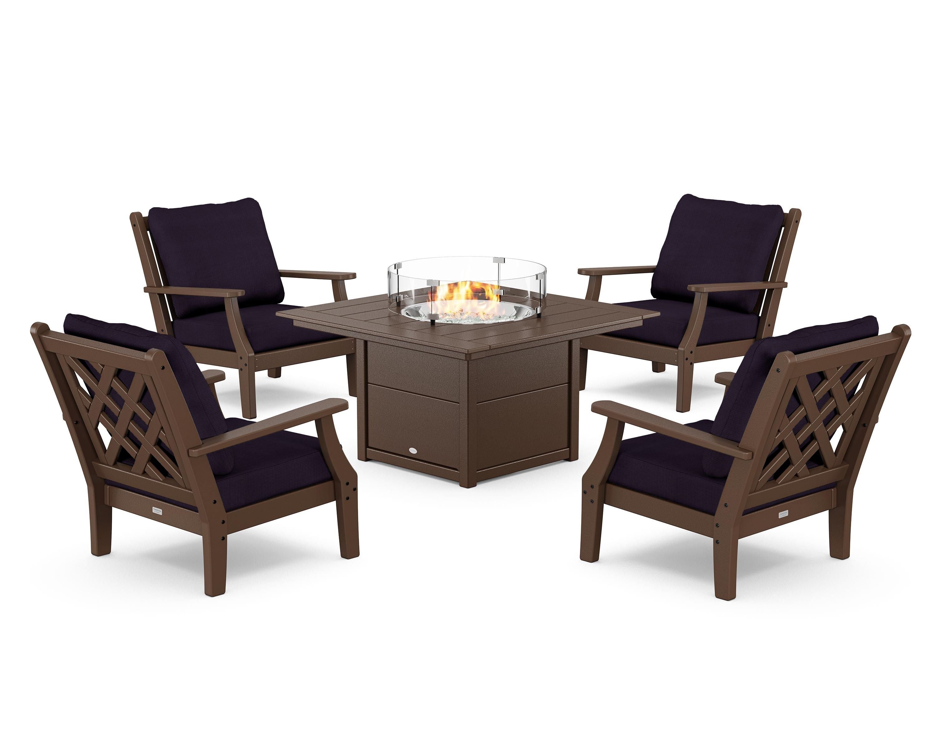 Country Living Wovendale 5-Piece Deep Seating Set with Fire Pit Table in Mahogany / Navy Linen
