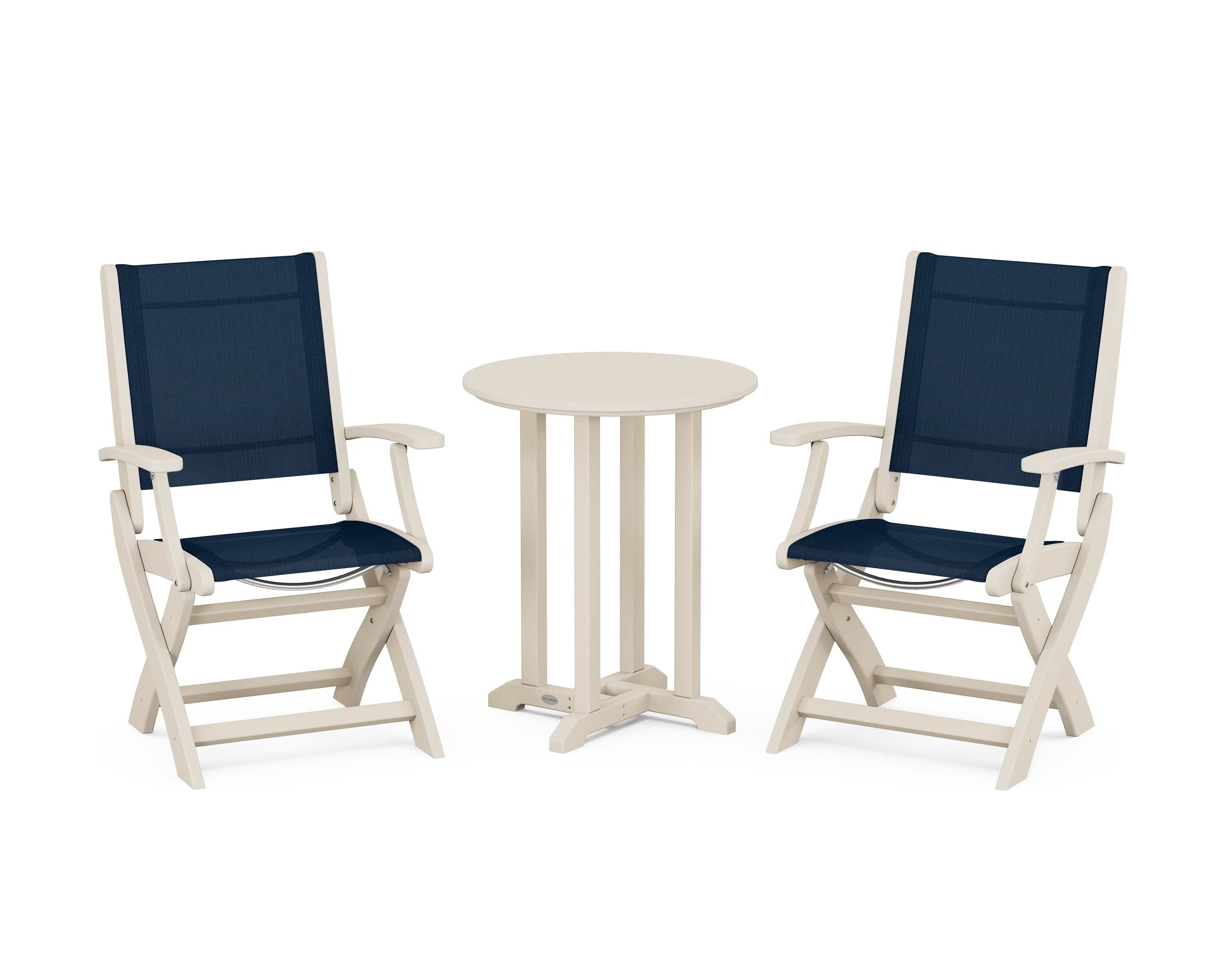 POLYWOOD Coastal Folding 3-Piece Round Bistro Dining Set in Sand / Navy Blue Sling