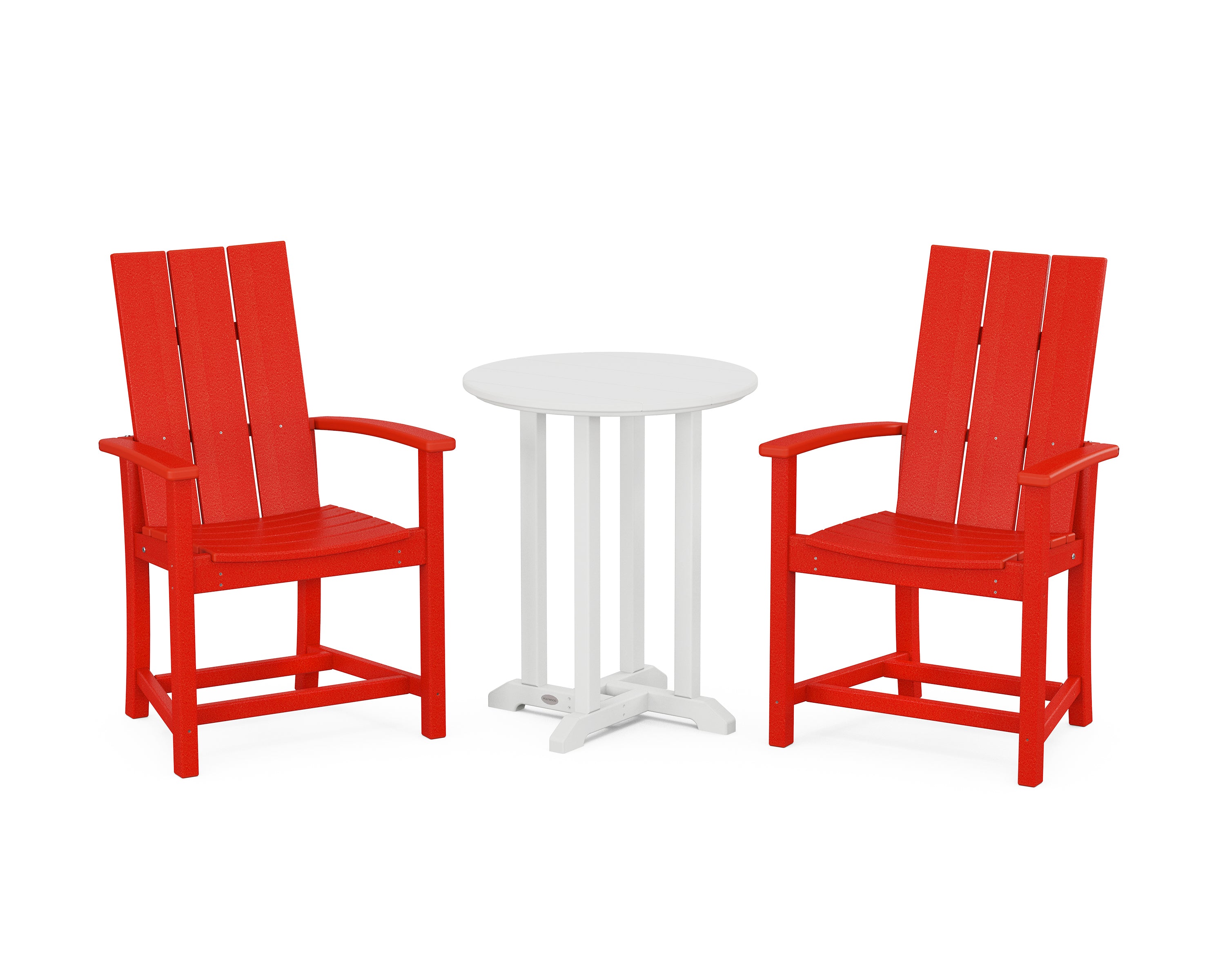POLYWOOD Modern Adirondack 3-Piece Round Farmhouse Bistro Dining Set in Sunset Red / White