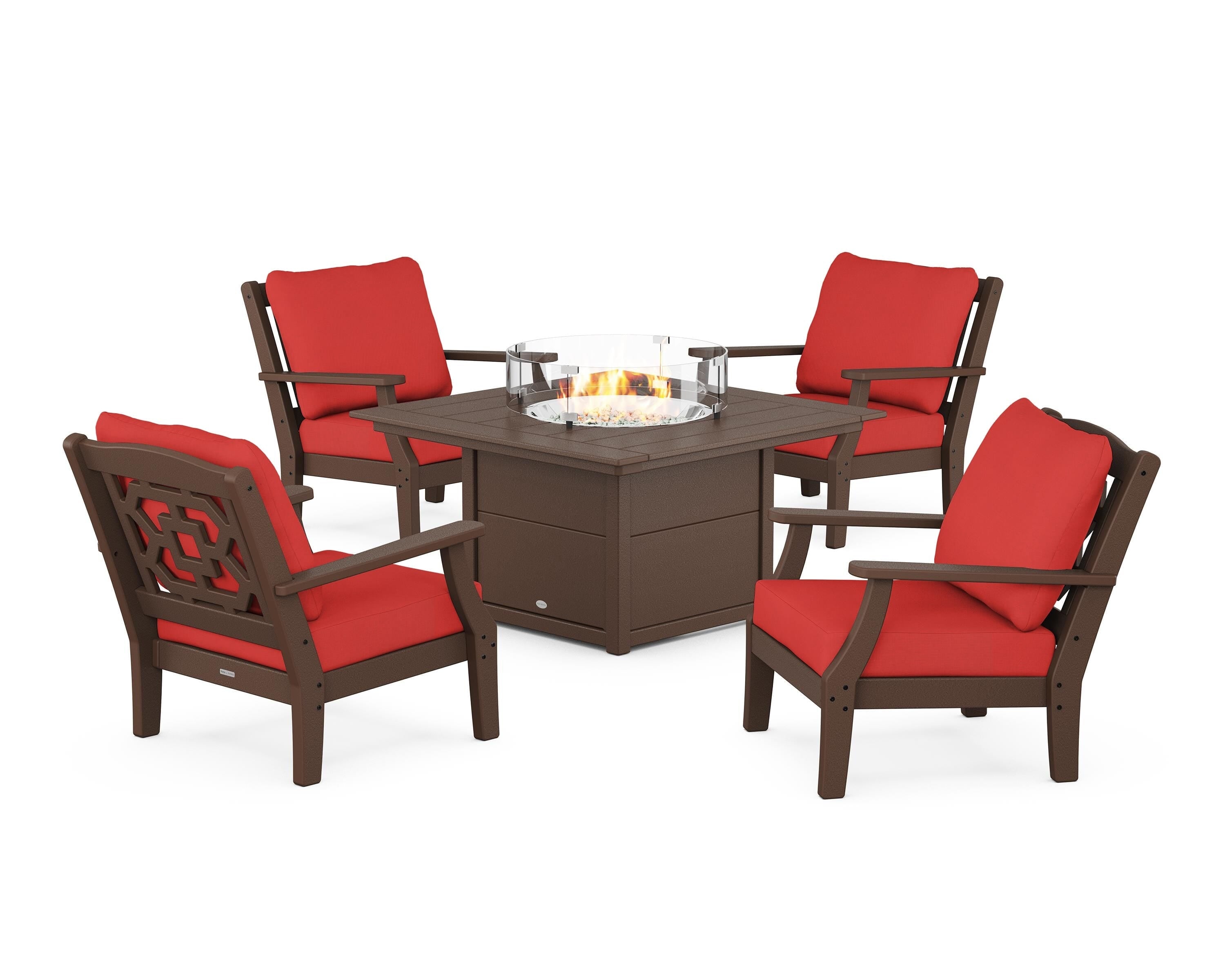 Martha Stewart by POLYWOOD Chinoiserie 5-Piece Deep Seating Set with Fire Pit Table in Mahogany / Crimson Linen