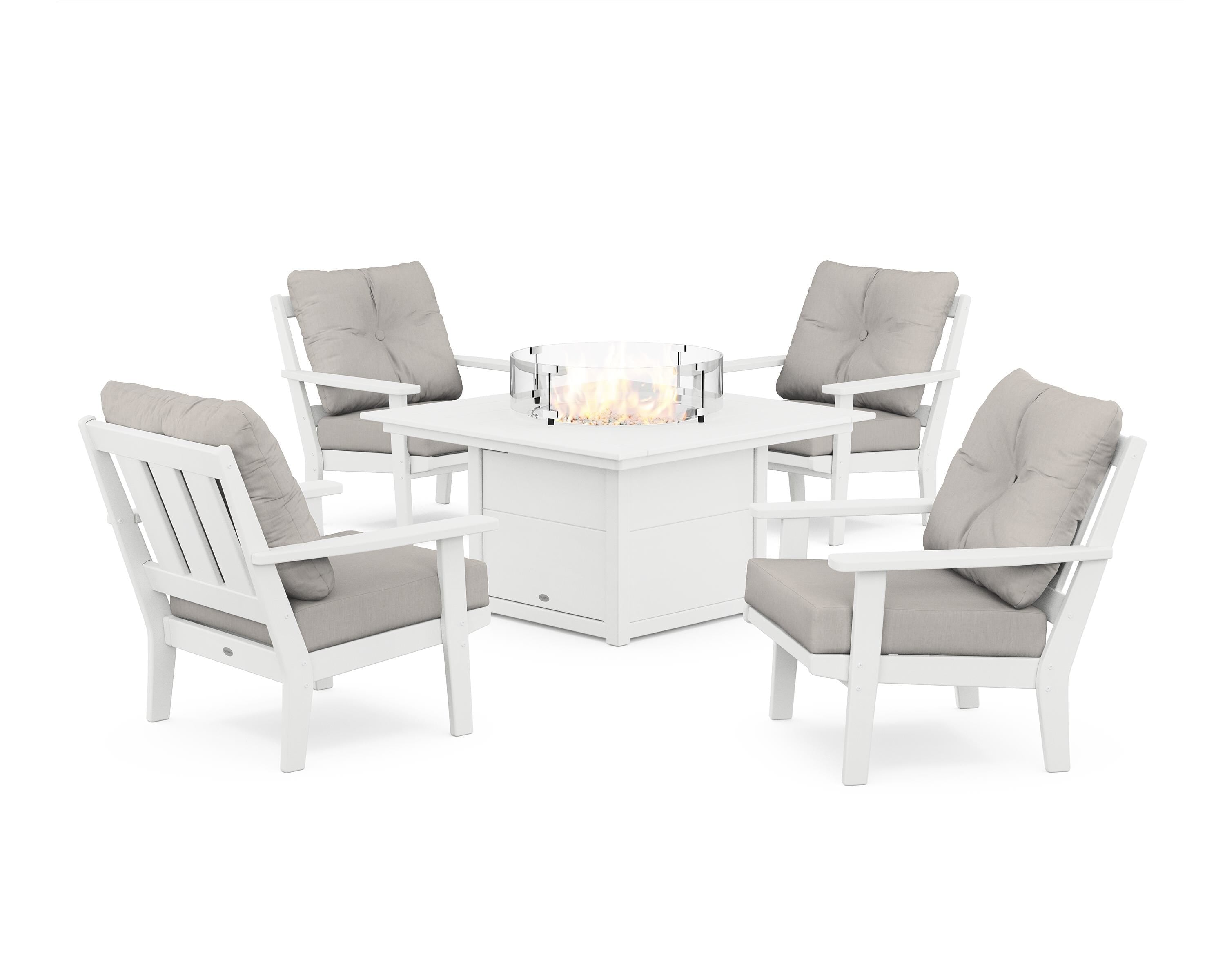 POLYWOOD Oxford 5-Piece Deep Seating Set with Fire Pit Table in White / Cast Ash